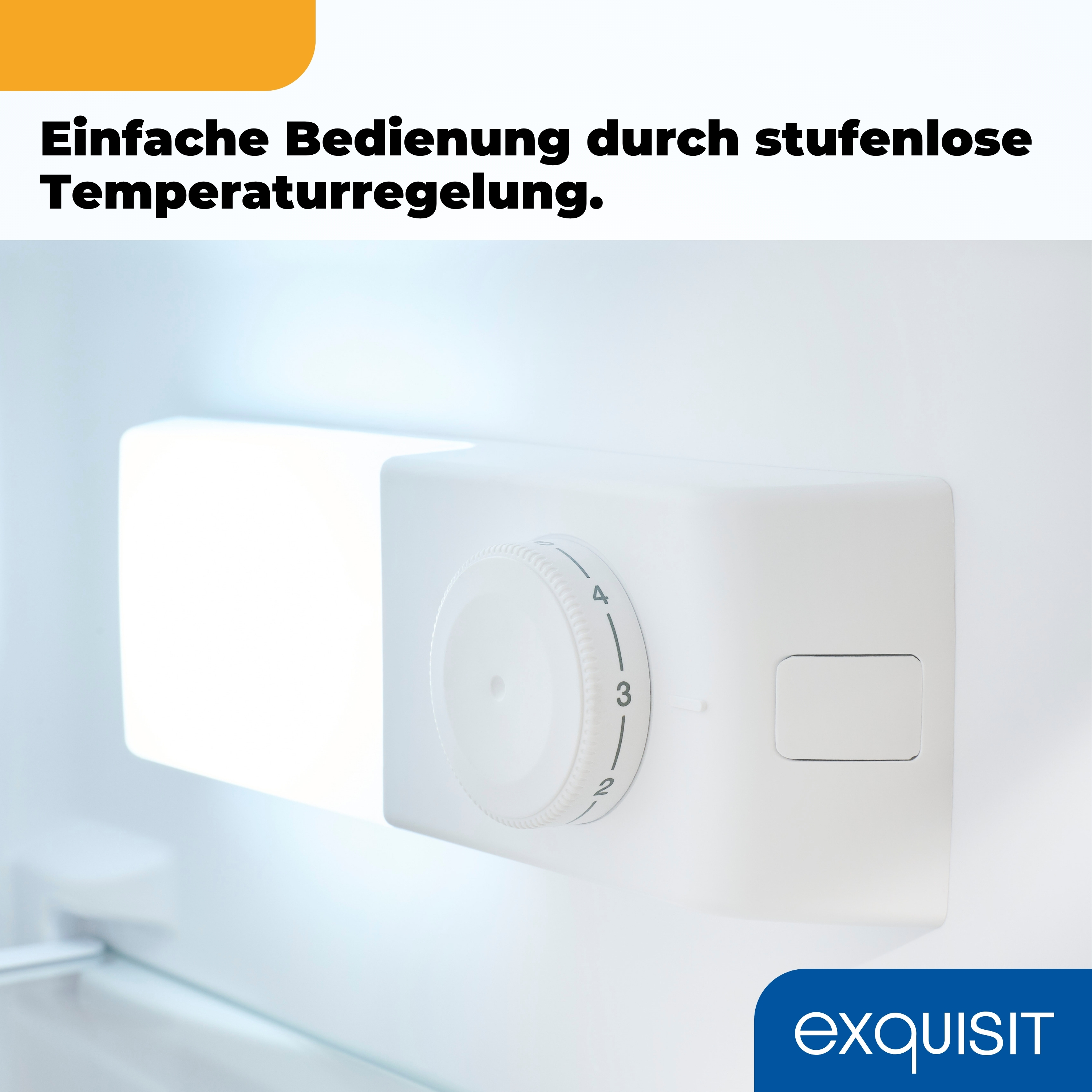 Ein weißes Kühlschrankbedienfeld mit Temperaturregler. Die Skala zeigt 2, 3 und 4. Ein weißes Licht ist an.