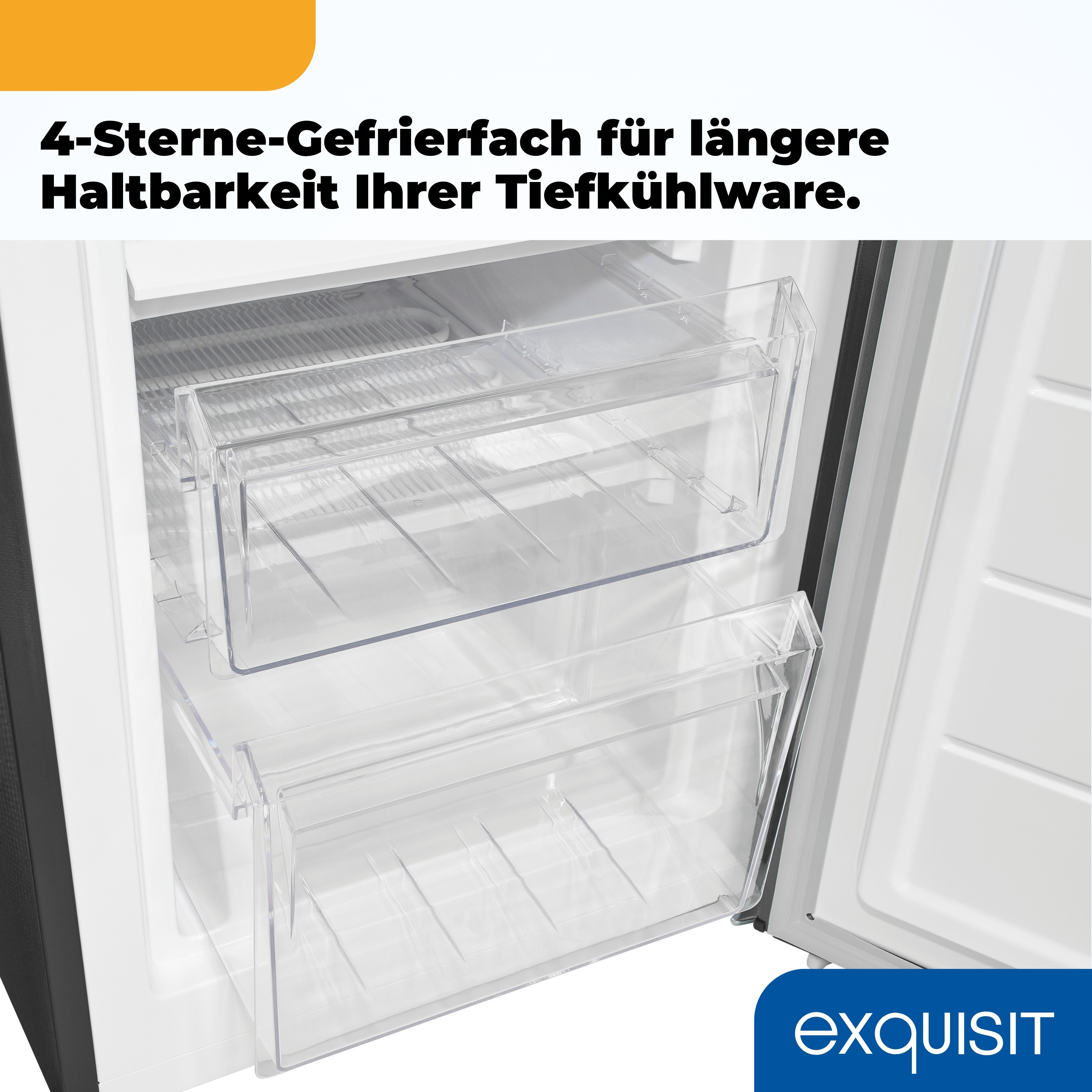 Ein offener Gefrierschrank zeigt transparente Plastikschubladen. Text oben handelt von Tiefkühlkost.