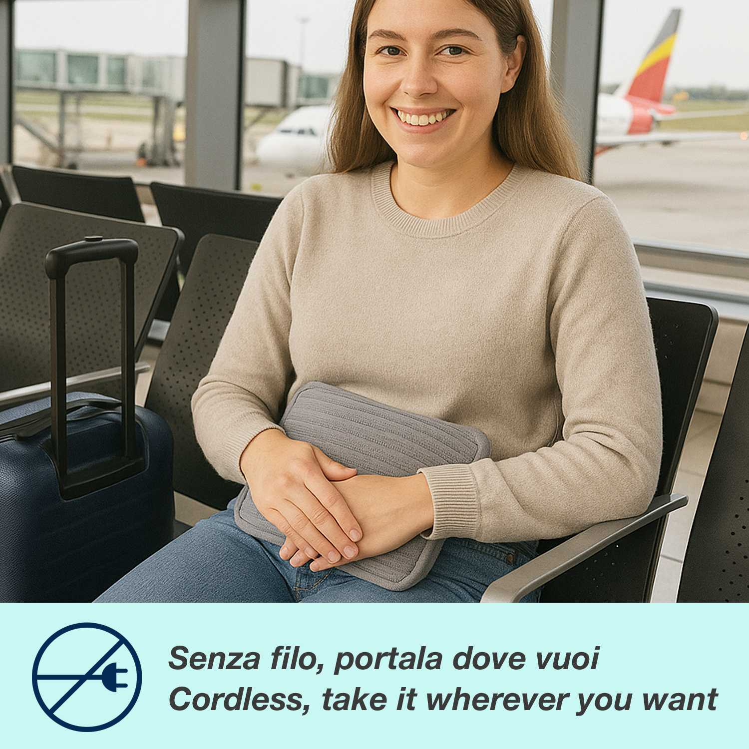 Donna in maglione beige seduta in aeroporto. Tiene cuscino grigio. Valigia blu a sinistra. Aereo visibile dalla finestra.