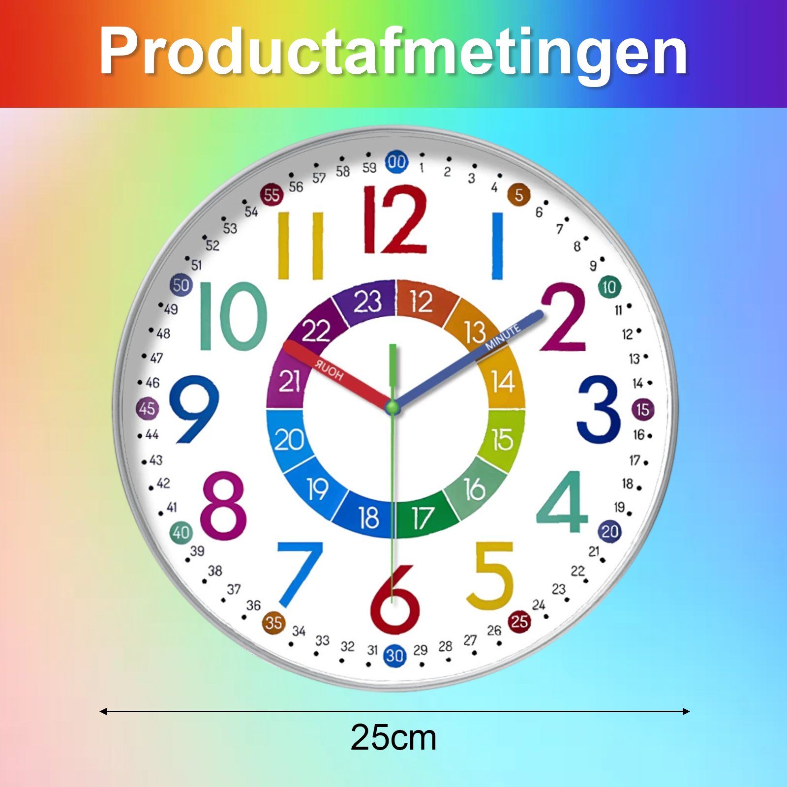 Eine bunte Wanduhr mit einer Größe von 25 cm. Sie hat ein weißes Zifferblatt mit Zahlen und Zeigern. Der Hintergrund ist farbig.