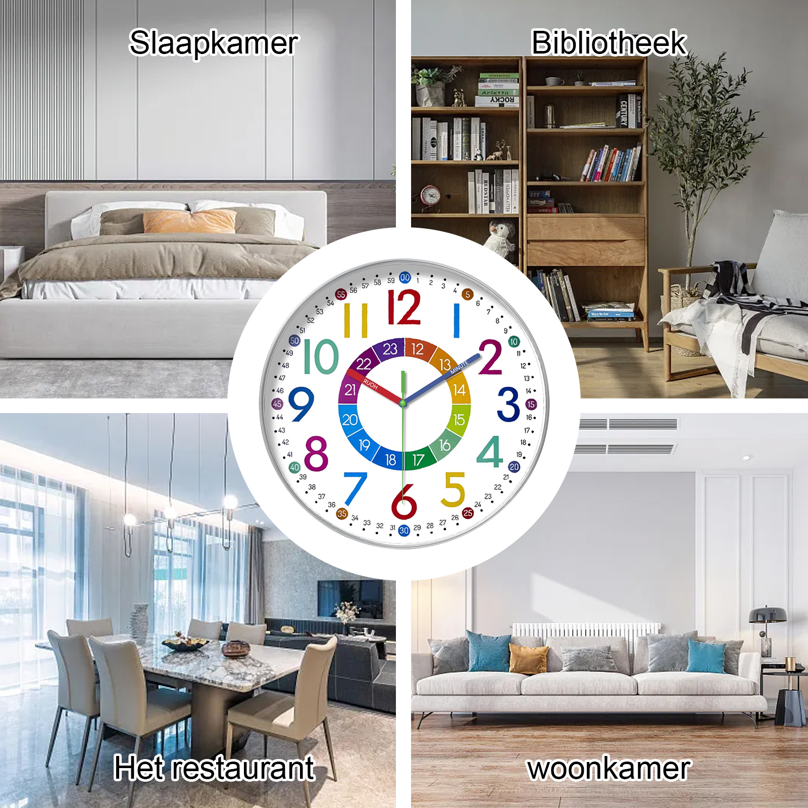 Eine Uhr mit farbigen Zahlen befindet sich in der Mitte, umgeben von vier verschiedenen Raumszenen. Schlafzimmer, Bibliothek, Restaurant, Wohnzimmer.