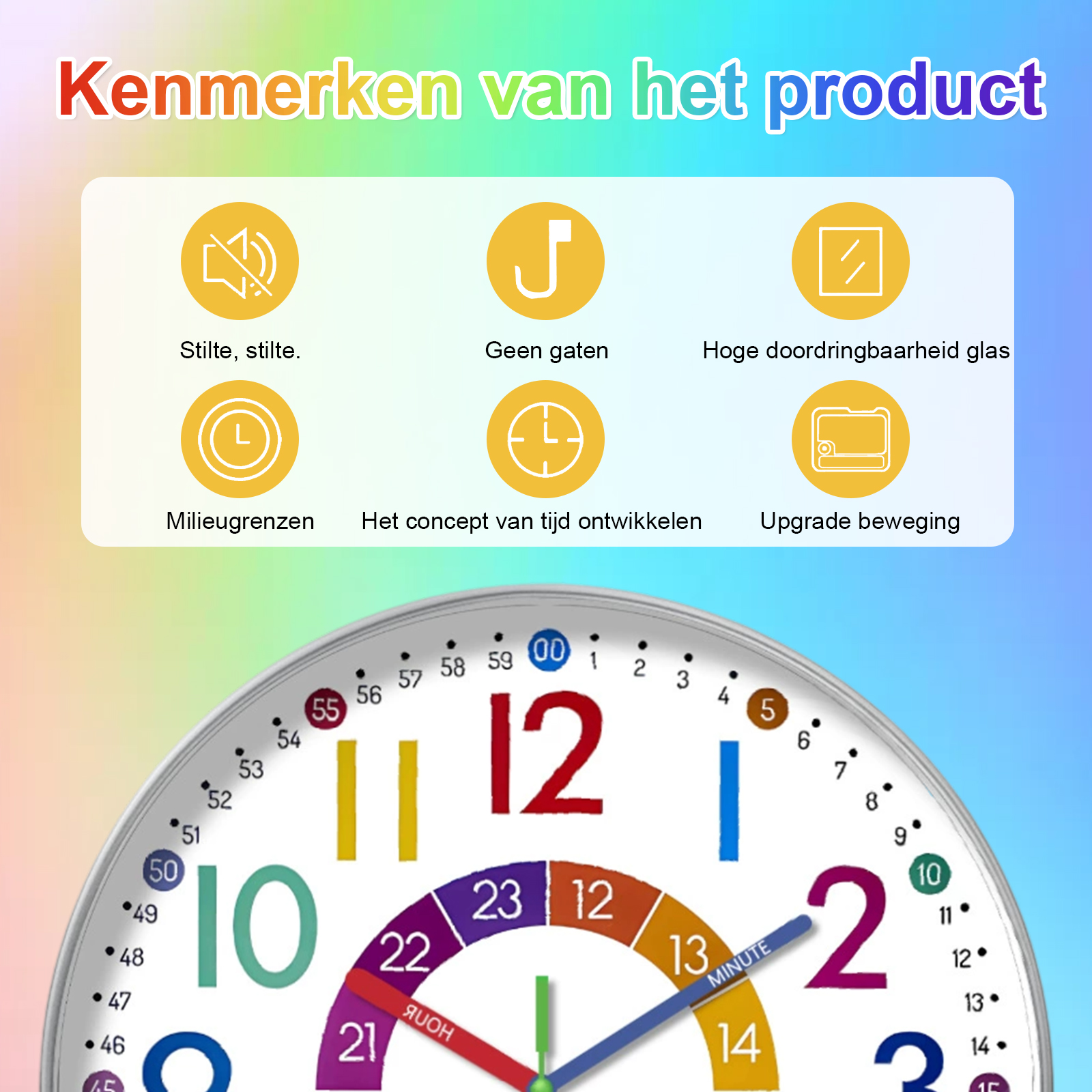 Eine weiße analoge Uhr mit bunten Zahlen. Die Zeiger sind blau und grün und zeigen die Uhrzeit an. Text auf Niederländisch.