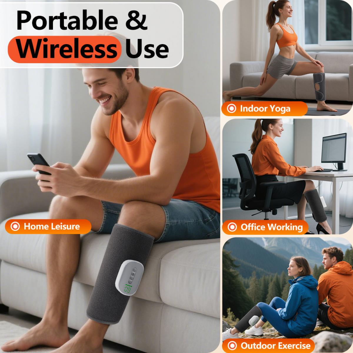 Mann in orangefarbenem Tanktop und Kniebandage, der ein Telefon benutzt. Andere Szenen zeigen Yoga, Büro und Outdoor-Training.