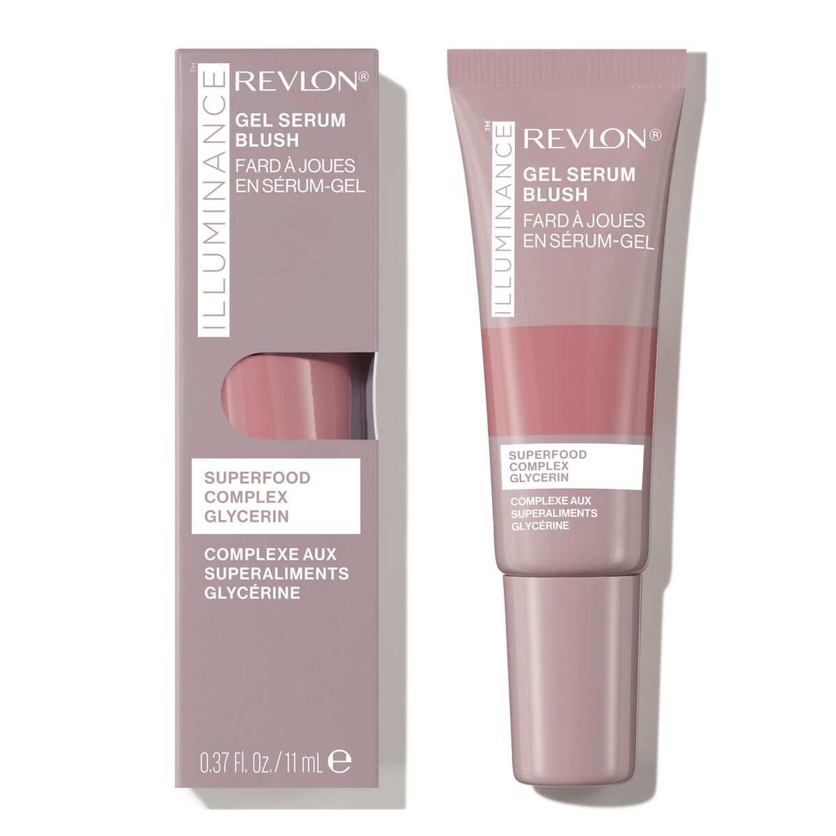 Revlon Gel-Serum-Rouge in Tube und Box. Beide sind rosa und weiß, mit Text auf Englisch und Französisch.