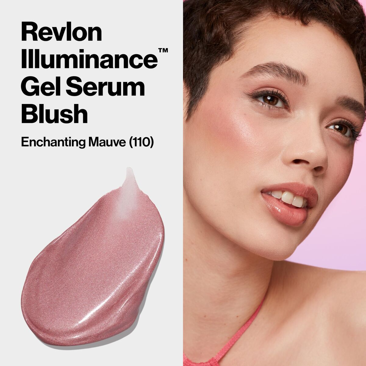 Revlon Gel-Serum-Rouge in Enchanting Mauve mit einem Model, das das Rouge trägt. Produkt und Gesicht des Models sind abgebildet.