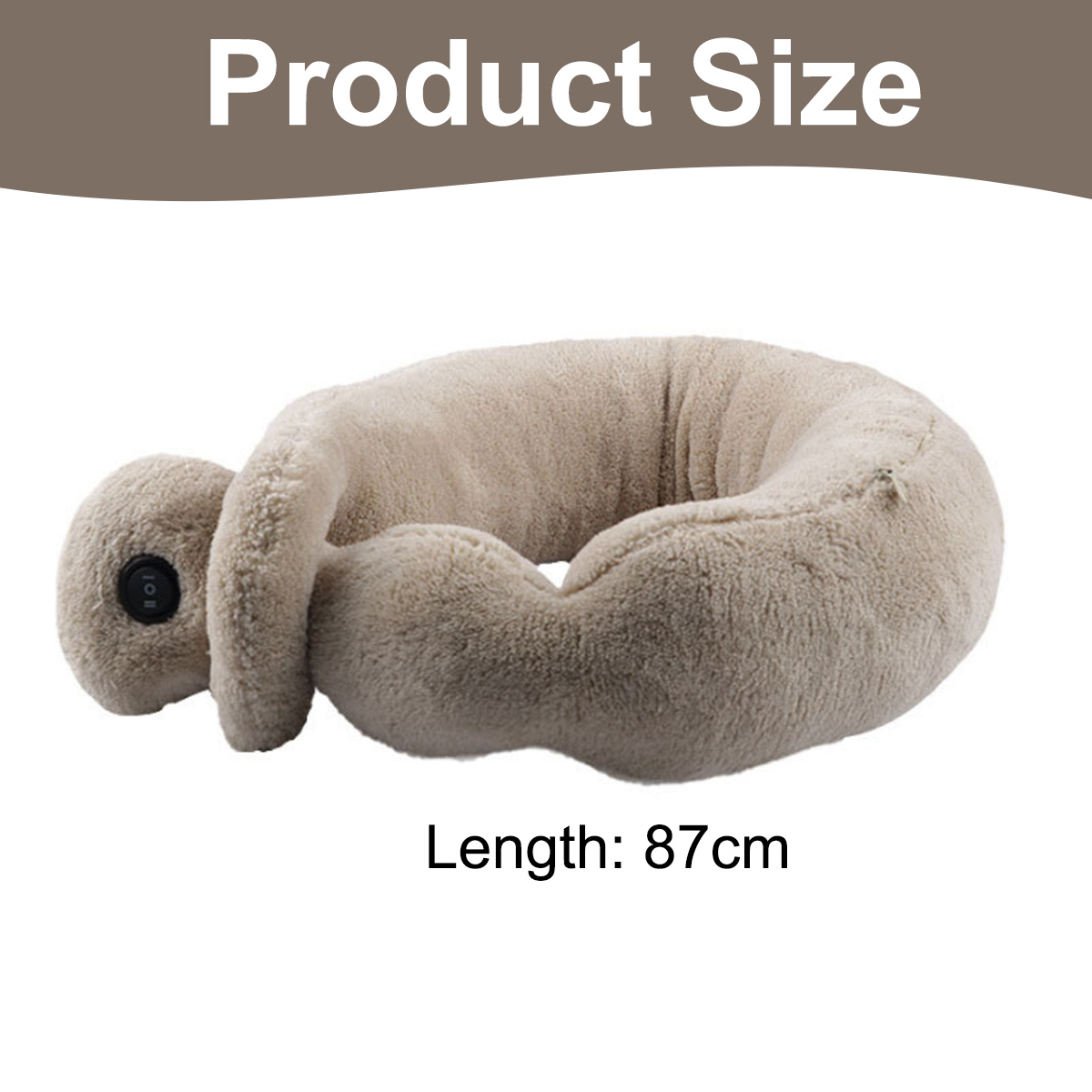 Ein beiges Reisekissen. Der Text 'Produktgröße' steht darüber und 'Länge: 87cm' darunter. Es hat einen Knopf links.