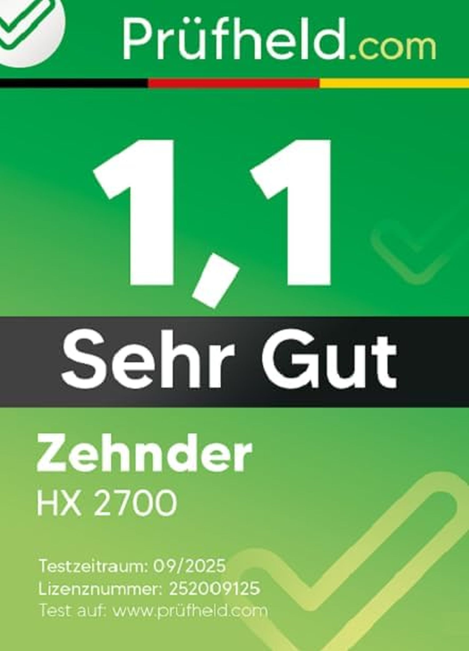 Das Bild zeigt einen grünen Hintergrund mit weißem Text und einem Häkchen. Es zeigt eine Bewertung von 1,1, gekennzeichnet als 'Sehr Gut' für Zehnder HX 2700.