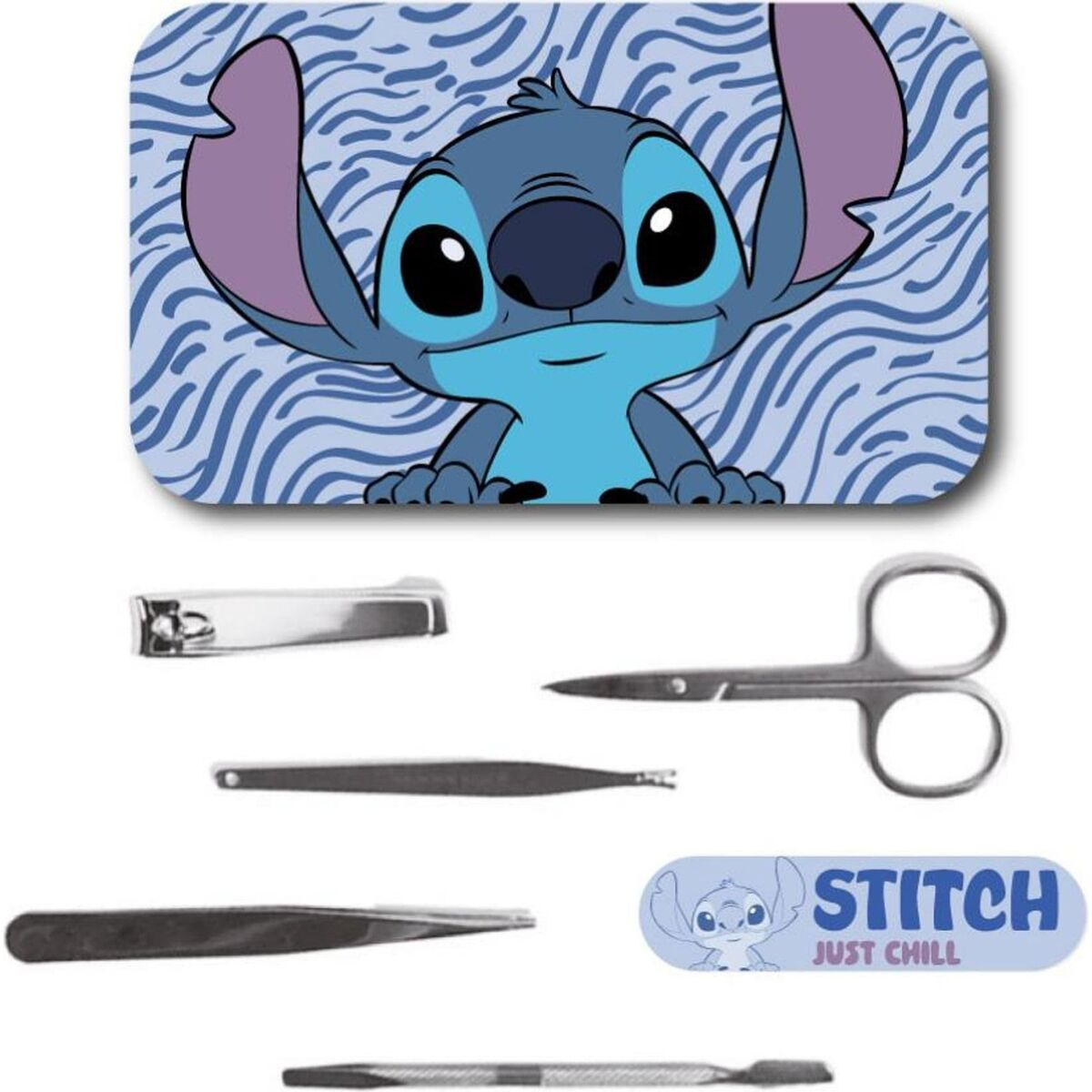Stitch-Zeichentrickfigur, Nagelknipser, Schere, Pinzette und eine Nagelfeile sind auf einer weißen Oberfläche angeordnet.