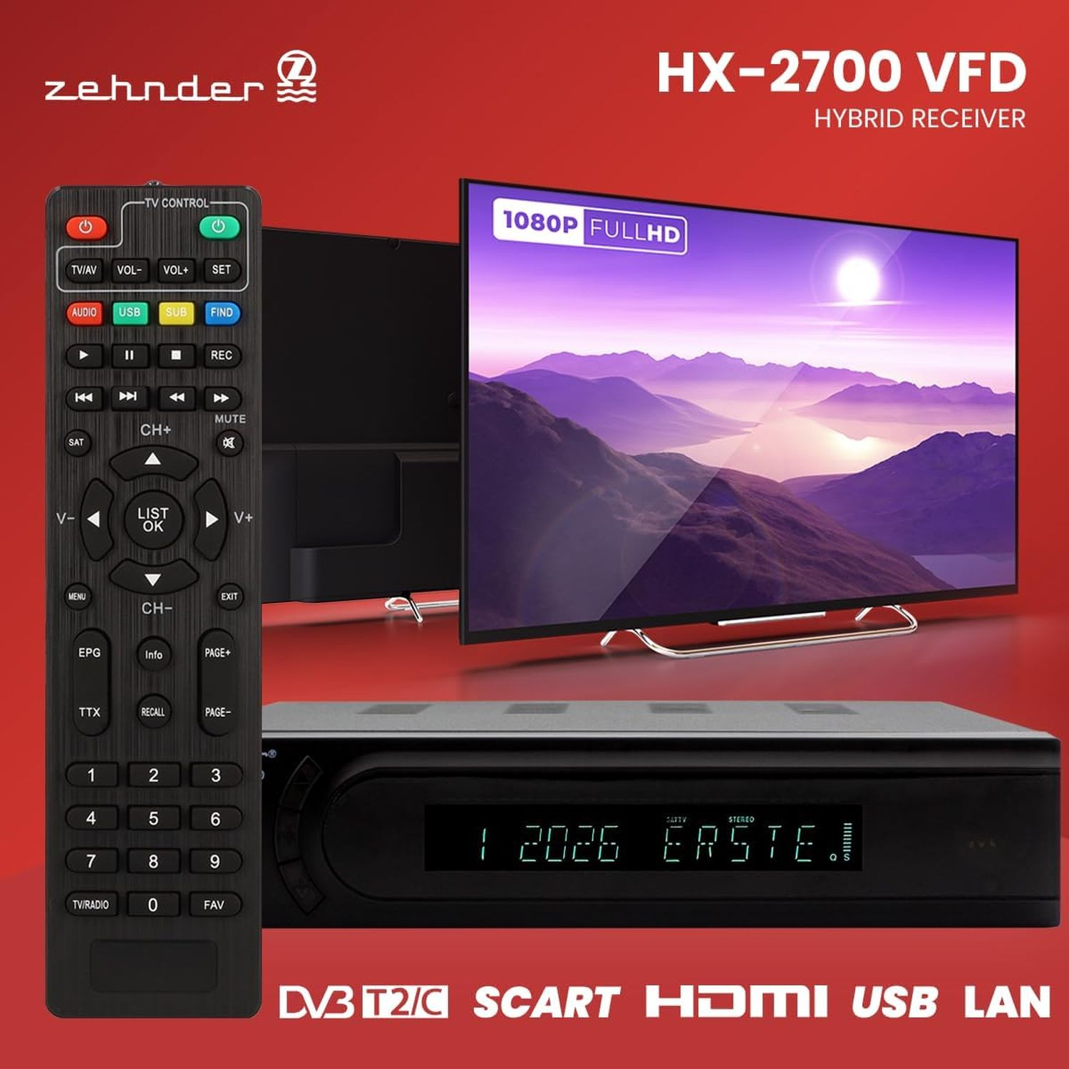 Eine Fernbedienung, ein Fernseher und ein Receiver werden angezeigt. Der Fernseher zeigt eine Berglandschaft. Der Receiver hat eine Anzeige.