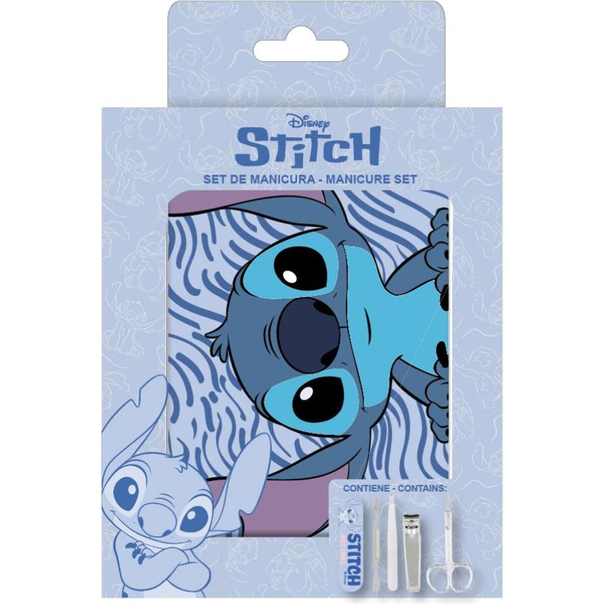 Eine Stitch-Maniküre-Set-Box. Die Box zeigt Stitchs Gesicht und ein kleines Bild von ihm. Enthält Nagelwerkzeuge.