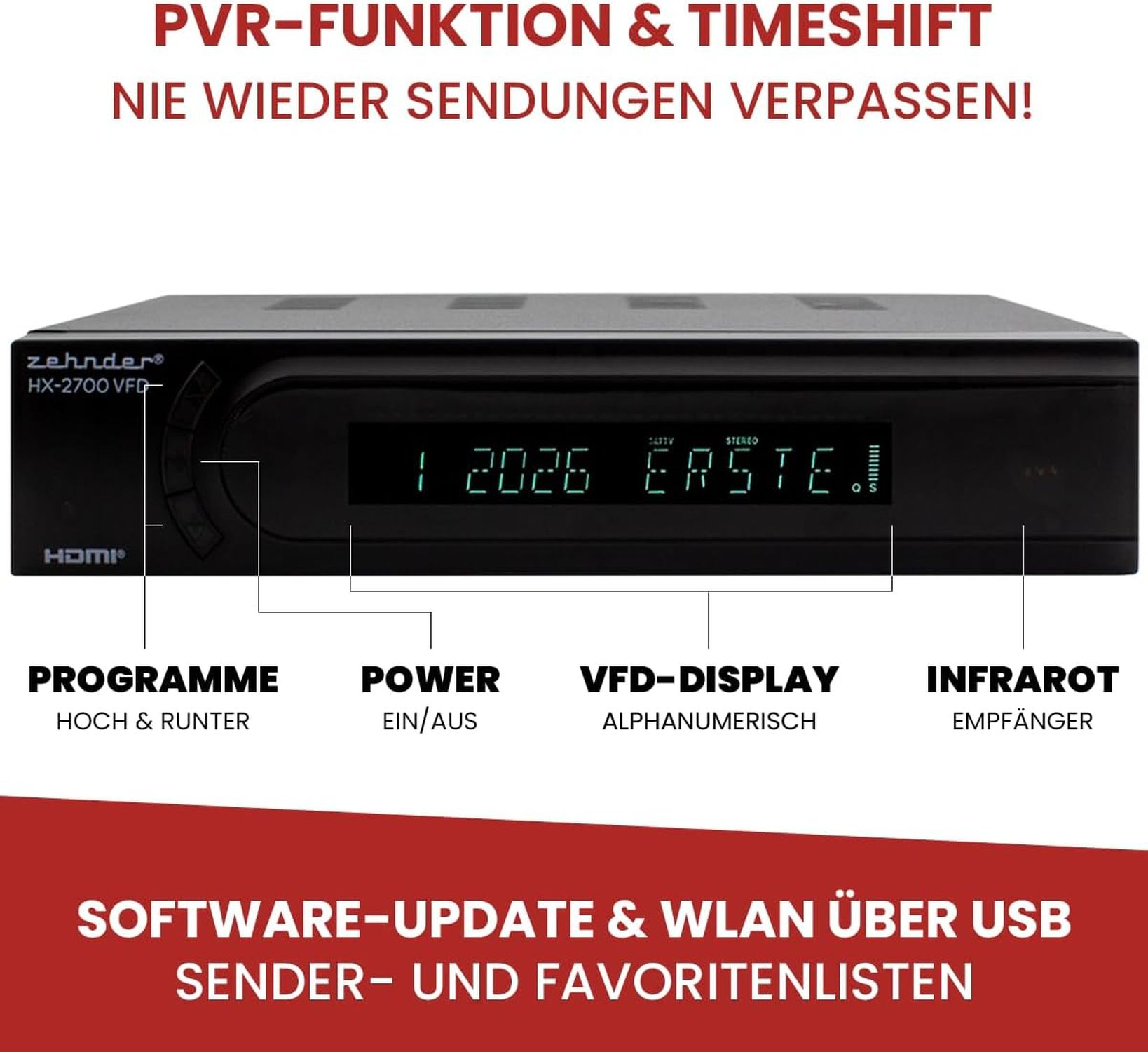 Ein schwarzer Zehnder HX-2700 VFD-Receiver mit Display, das Kanal 1 und das Wort "ERSTE" zeigt. Text enthält Funktionen.