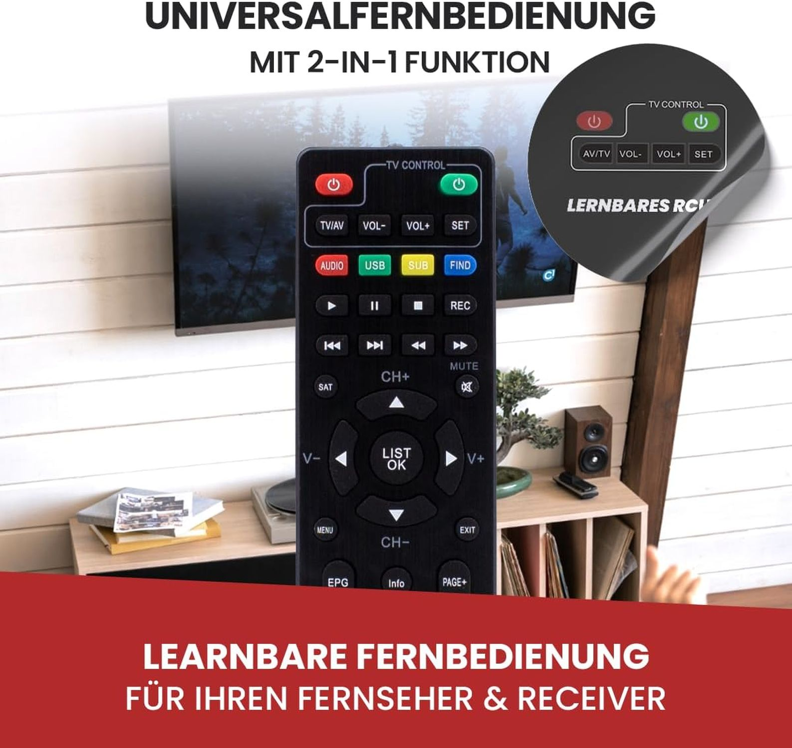 Eine Universalfernbedienung mit Knöpfen und Funktionen wird angezeigt. Im Hintergrund ein Fernseher. Text: Universalfernbedienung für TV und Receiver.