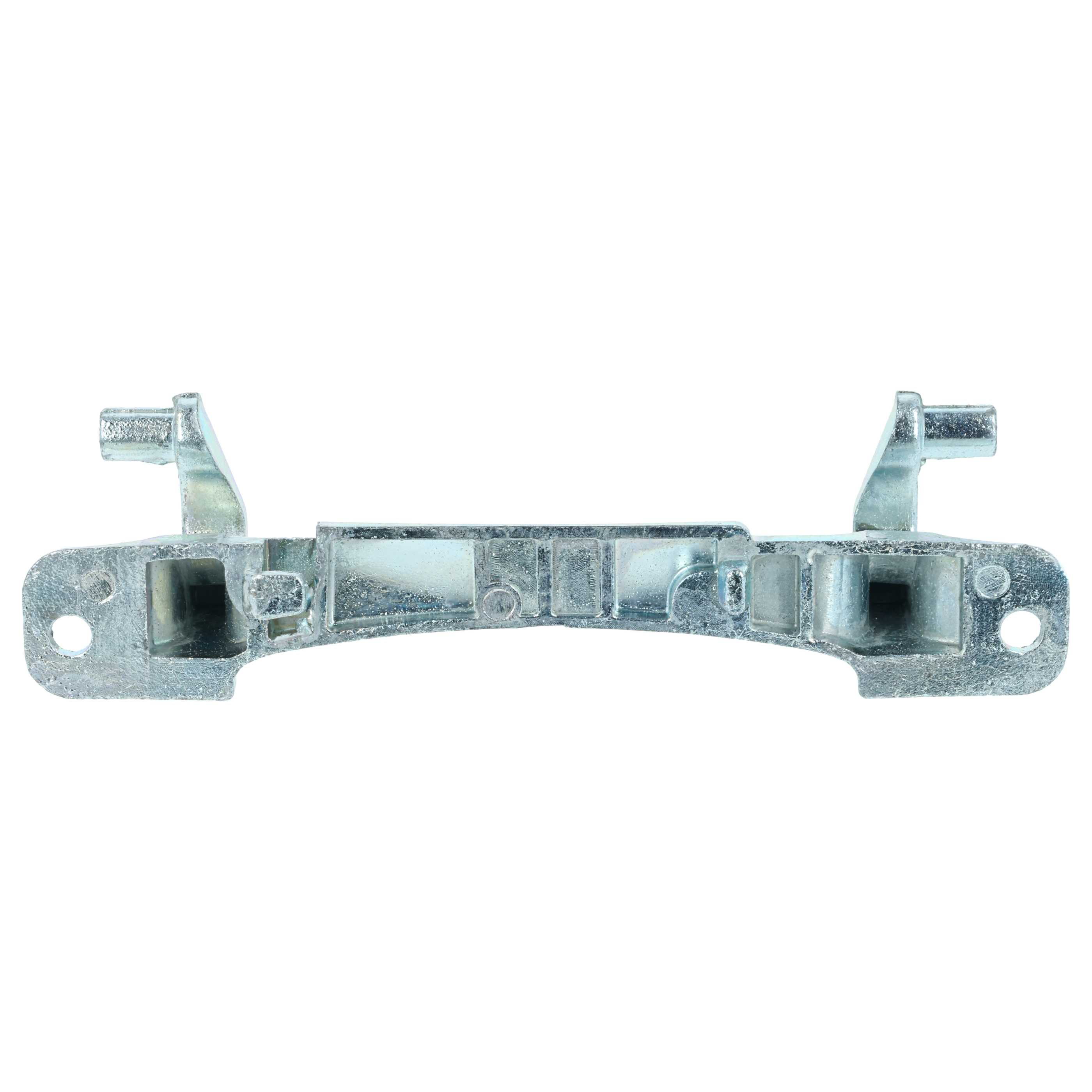 Ein metallisches, silberfarbenes Metallteil mit rechteckiger Form und mehreren Löchern und Vorsprüngen.