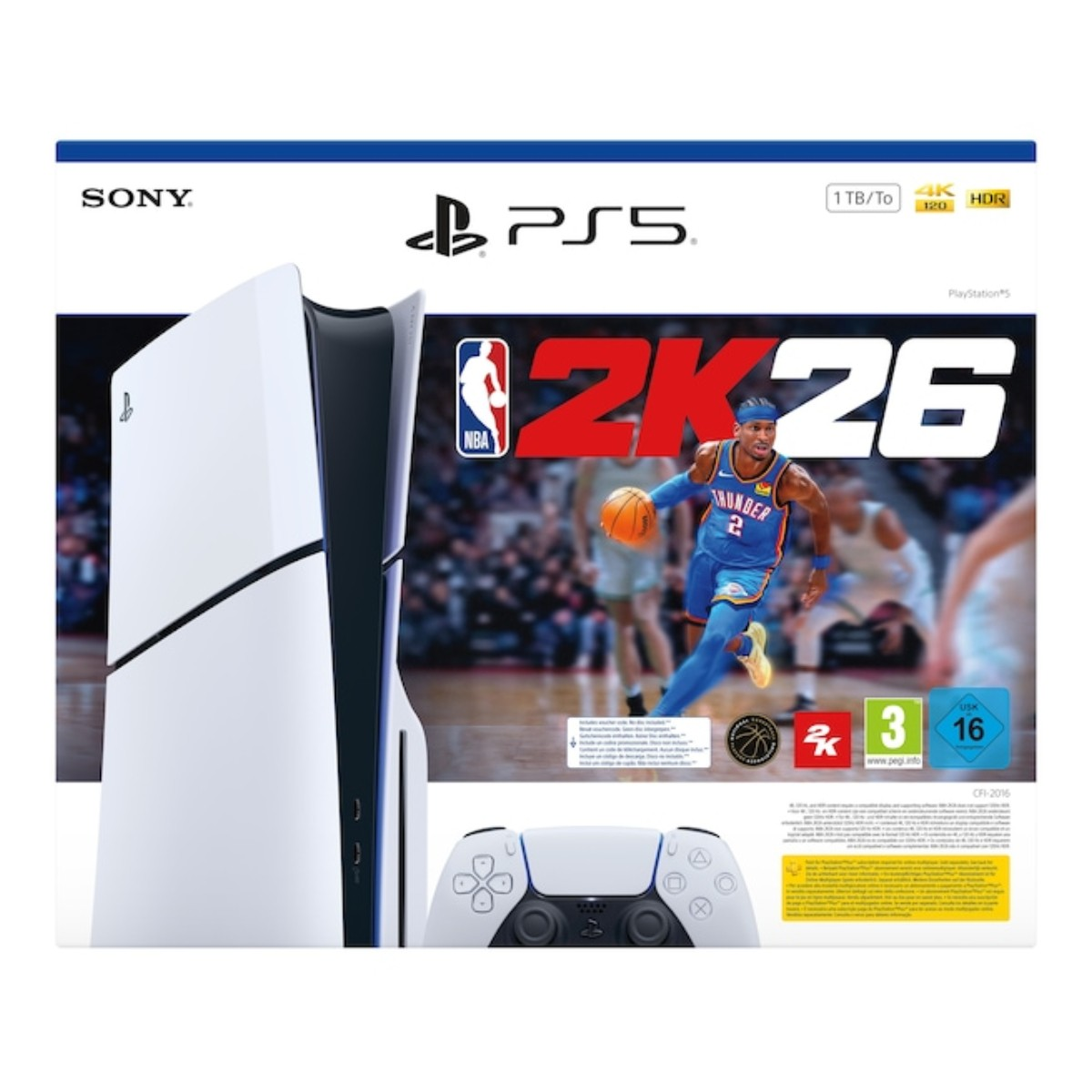 PS5-Konsolenbox mit NBA 2K26-Spiel. Zeigt Basketballspieler, Controller und Spieldetails.