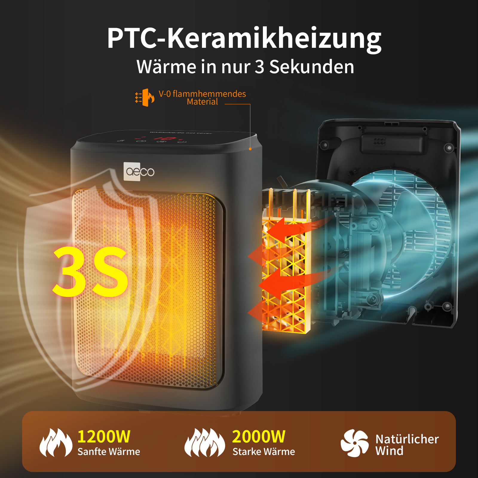Ein schwarzer Keramikheizer mit leuchtendem Innenraum, der '3S' und verschiedene Funktionssymbole zeigt.