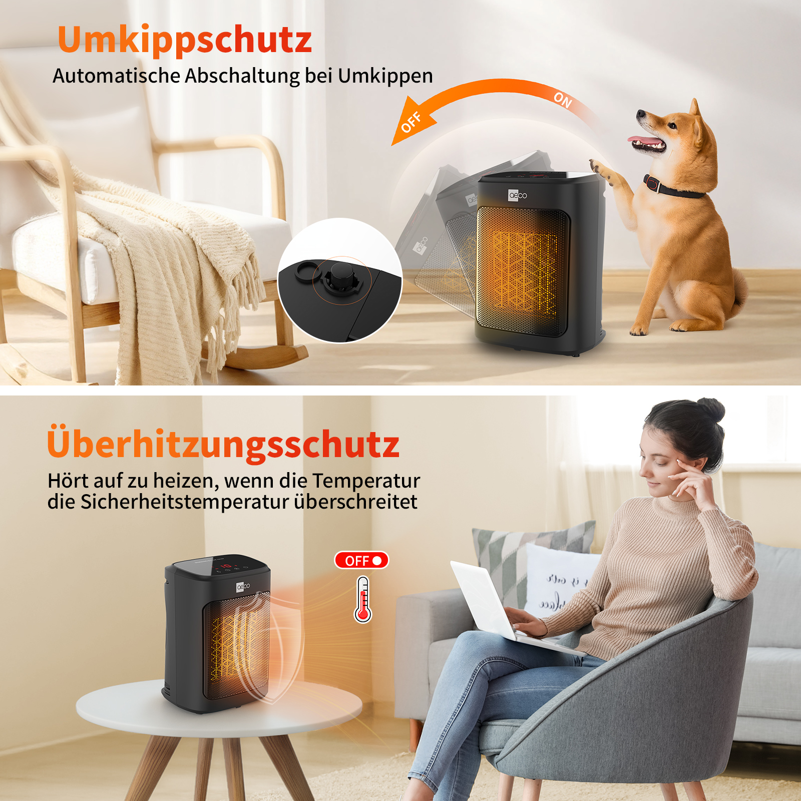 Das Bild zeigt einen schwarzen Heizlüfter mit Hund, eine Frau mit Laptop und Text über Sicherheitsmerkmale.