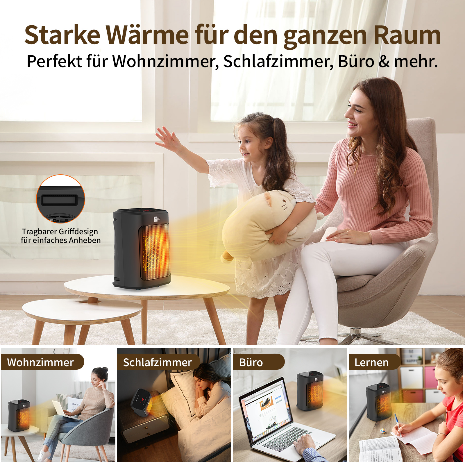 Das Bild zeigt eine Heizung. Ein Kind und eine Frau sind im Hintergrund. Kleinere Bilder zeigen die Heizung in verschiedenen Räumen.
