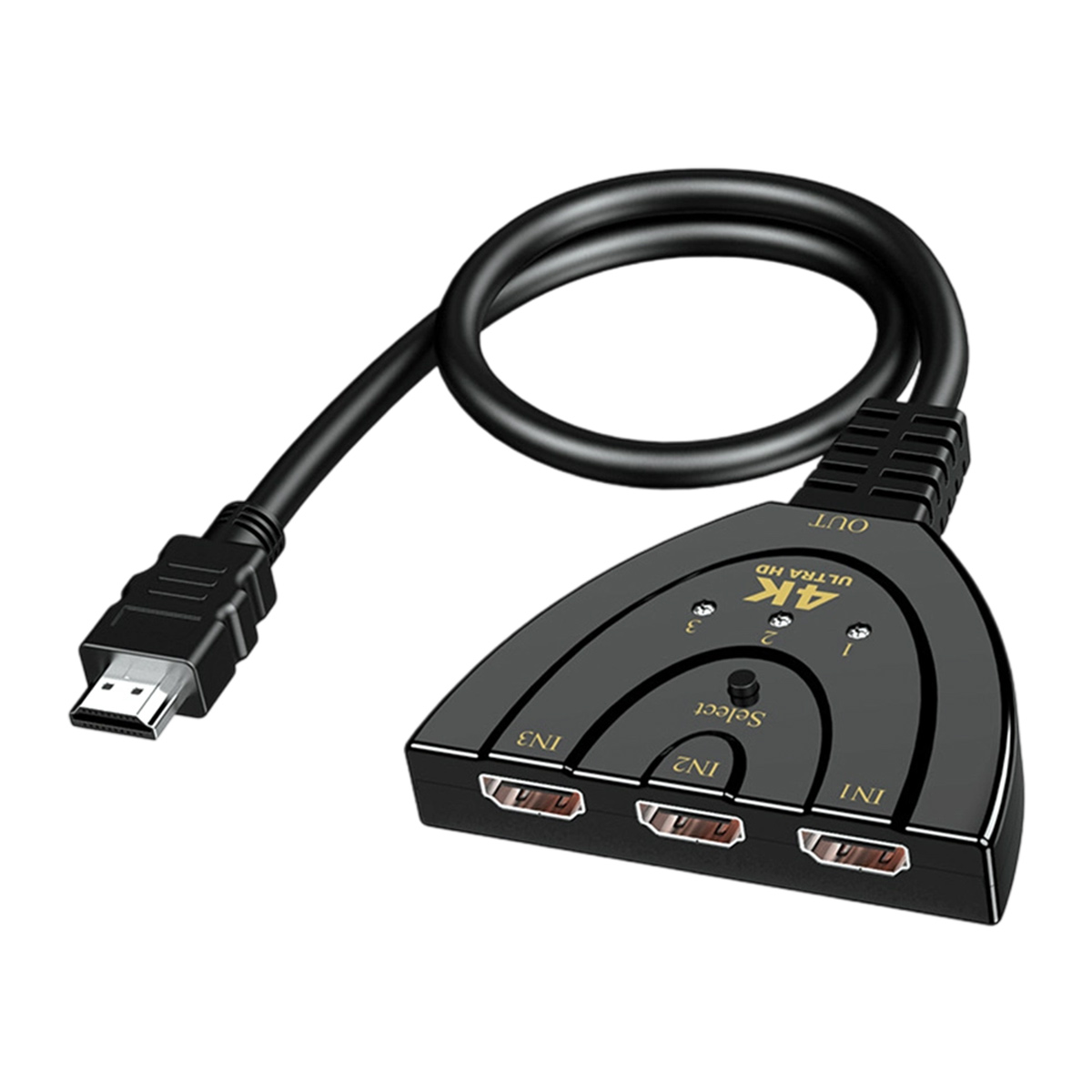 Schwarzer HDMI-Umschalter mit drei Eingangsanschlüssen, einem Ausgang und einem angeschlossenen Kabel. Es hat das Etikett 4K Ultra HD.
