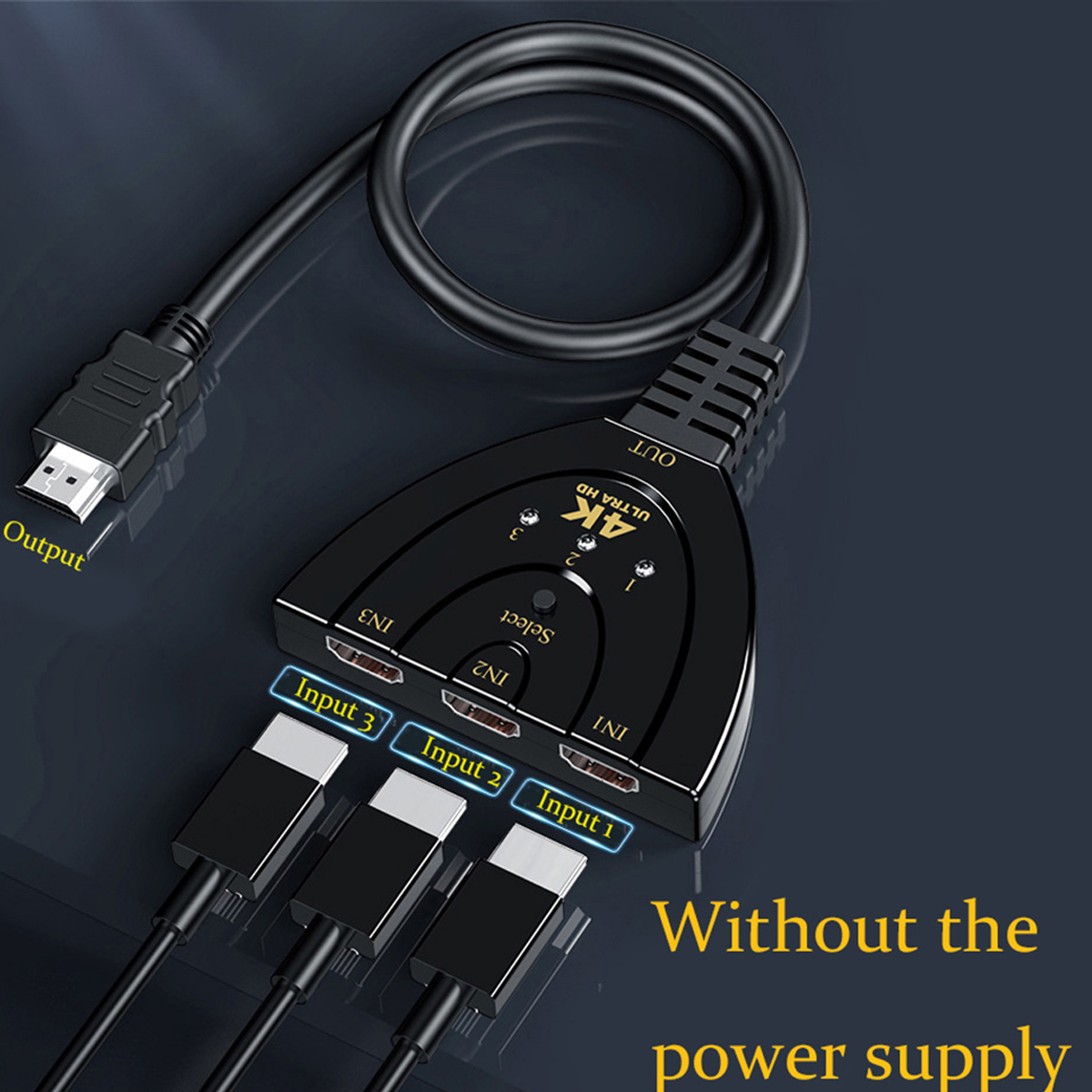 Ein schwarzer HDMI-Switch mit drei Eingängen und einem Ausgang. Kabel sind angeschlossen. Der Text zeigt 4K Ultra HD und 'Ohne Netzteil'.