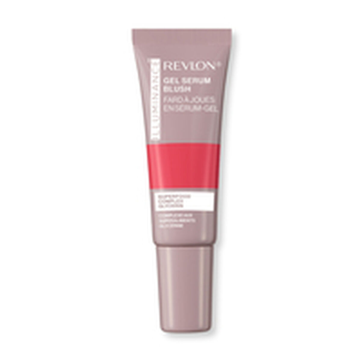 Revlon Gel Serum Blush Tube. Rosa, rote und weiße Schrift. Die Tube ist vertikal mit rosa Kappe und rotem Rouge-Abschnitt.