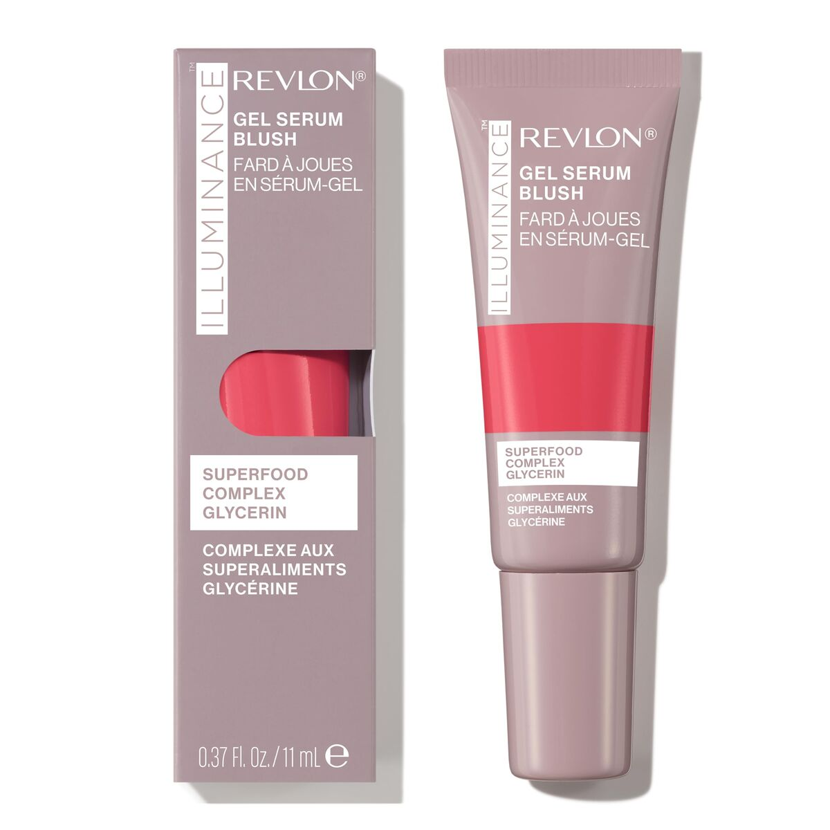 Das Bild zeigt Revlon Gel-Serum-Rouge in einer Tube und seine Verpackung. Beide sind helllila mit rotem Rouge.
