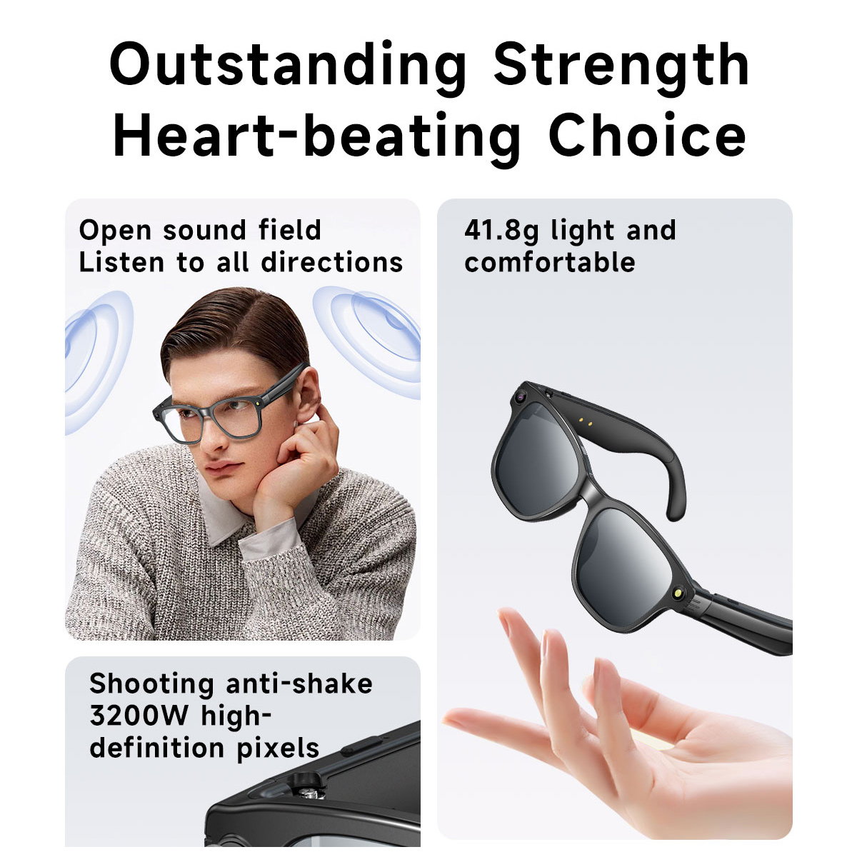 Reklama przedstawia inteligentne okulary i osobę, która je nosi. Tekst podkreśla funkcje takie jak otwarte pole dźwiękowe i piksele wysokiej rozdzielczości.
