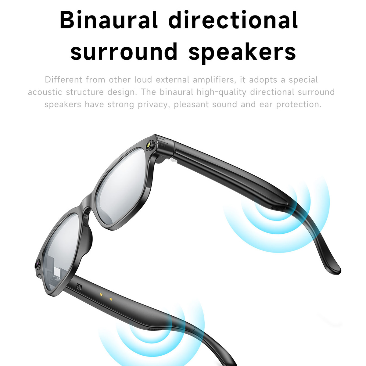 Czarne inteligentne okulary z odblaskowymi soczewkami. Tekst: 'Binauralne głośniki kierunkowe surround'. Niebieskie fale dźwiękowe wychodzą z zauszników.