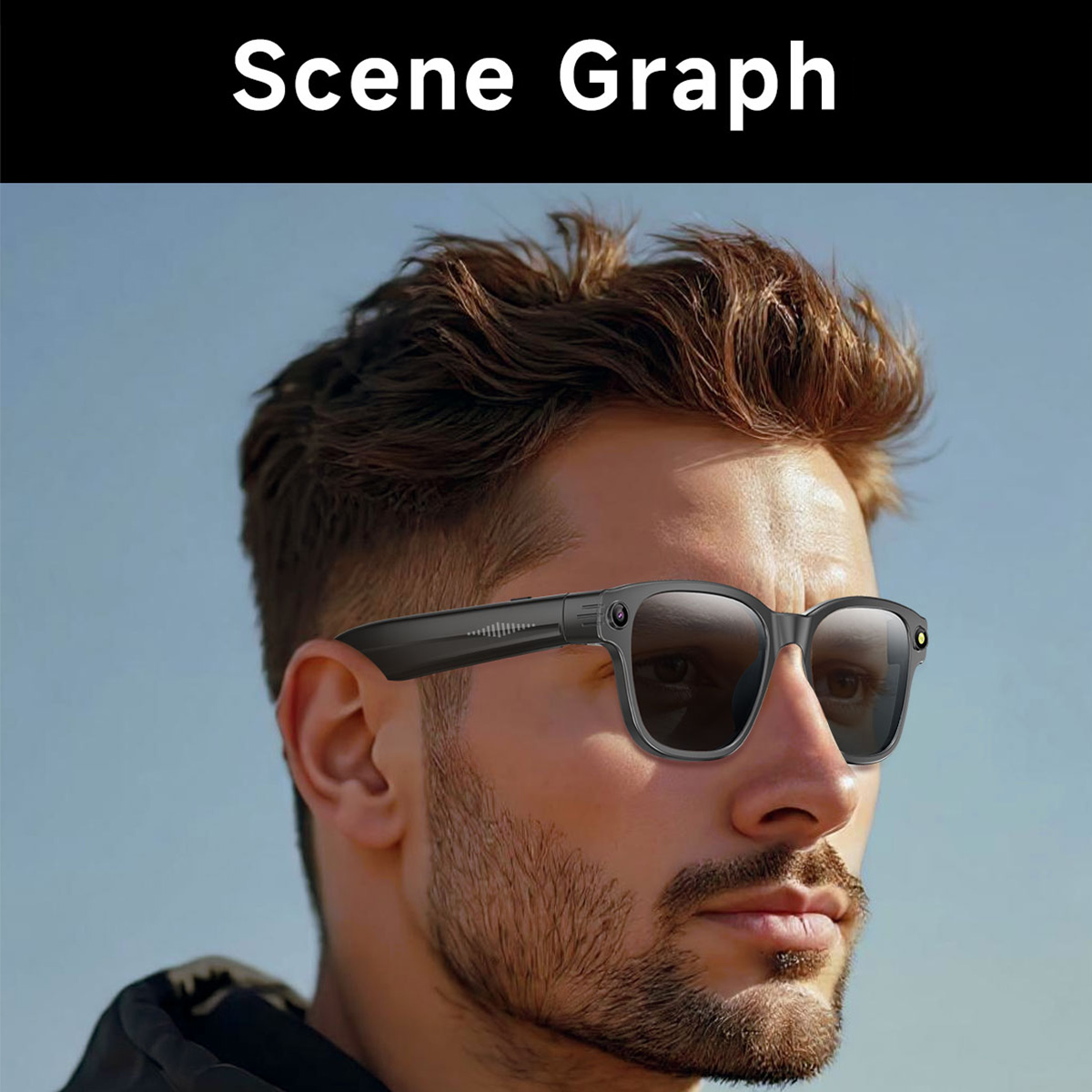 Mężczyzna w inteligentnych okularach, z niebieskim niebem w tle. Okulary mają ciemne szkła i czarną oprawkę.