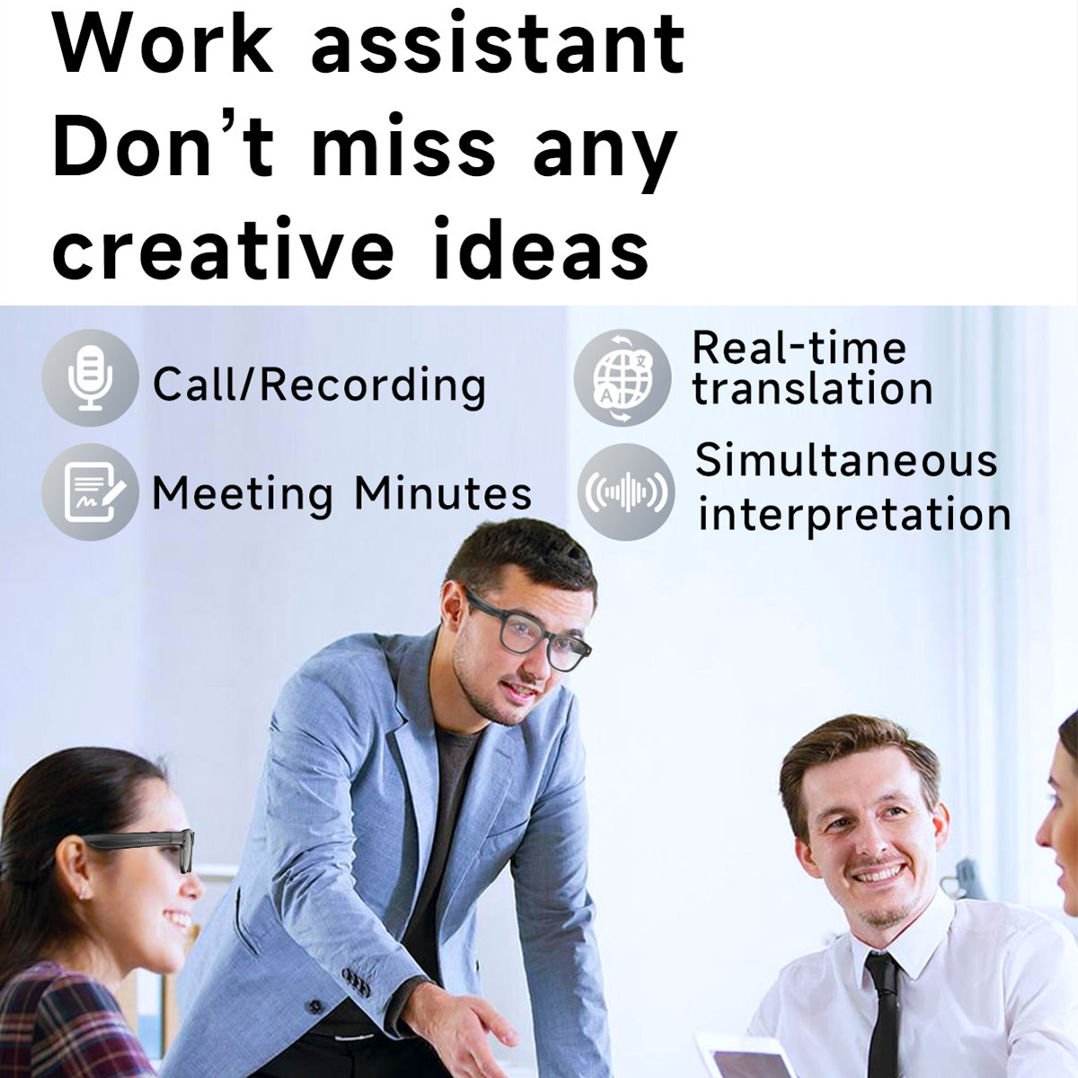 Obraz przedstawia spotkanie biznesowe z nakładką tekstową: Asystent pracy, Połączenie/Nagrywanie, Notatki ze spotkania, Tłumaczenie w czasie rzeczywistym i Tłumaczenie symultaniczne.