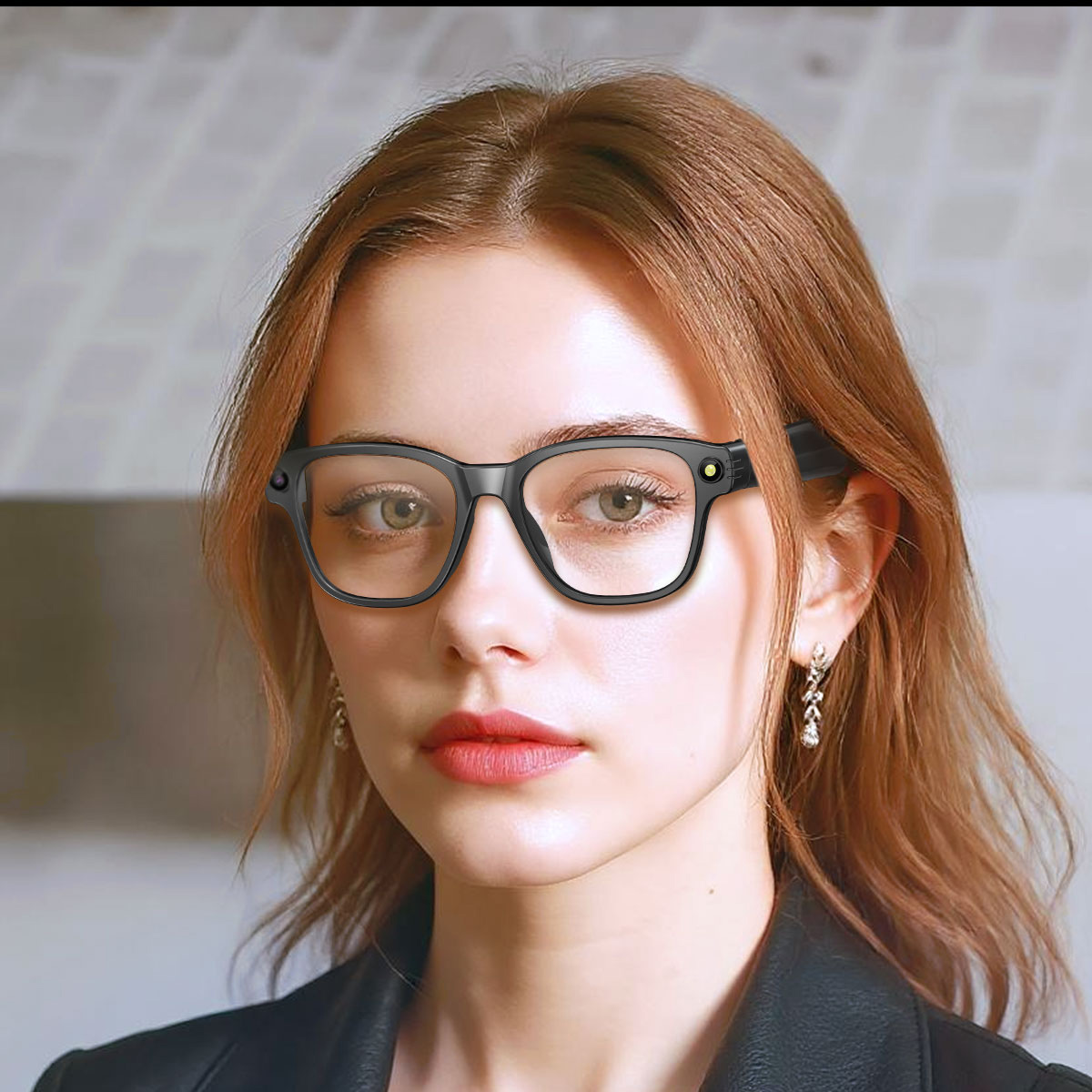 Kobieta z rudymi włosami w czarnych okularach. Ma na sobie czarną kurtkę i kolczyki, patrzy w kamerę.