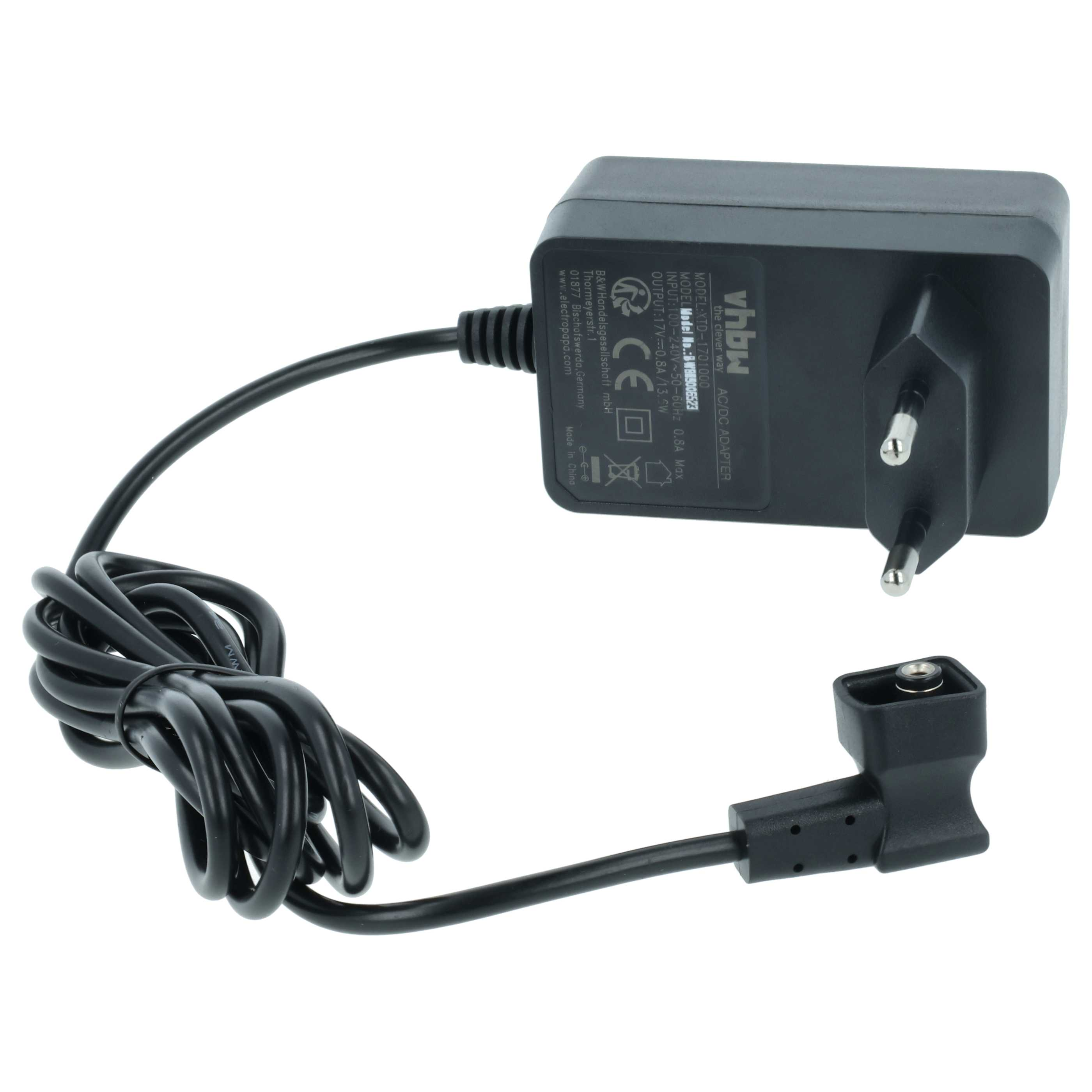 Ein schwarzes AC/DC-Netzteil mit Eurostecker und schwarzem Kabel, das sich auf weißem Hintergrund befindet.