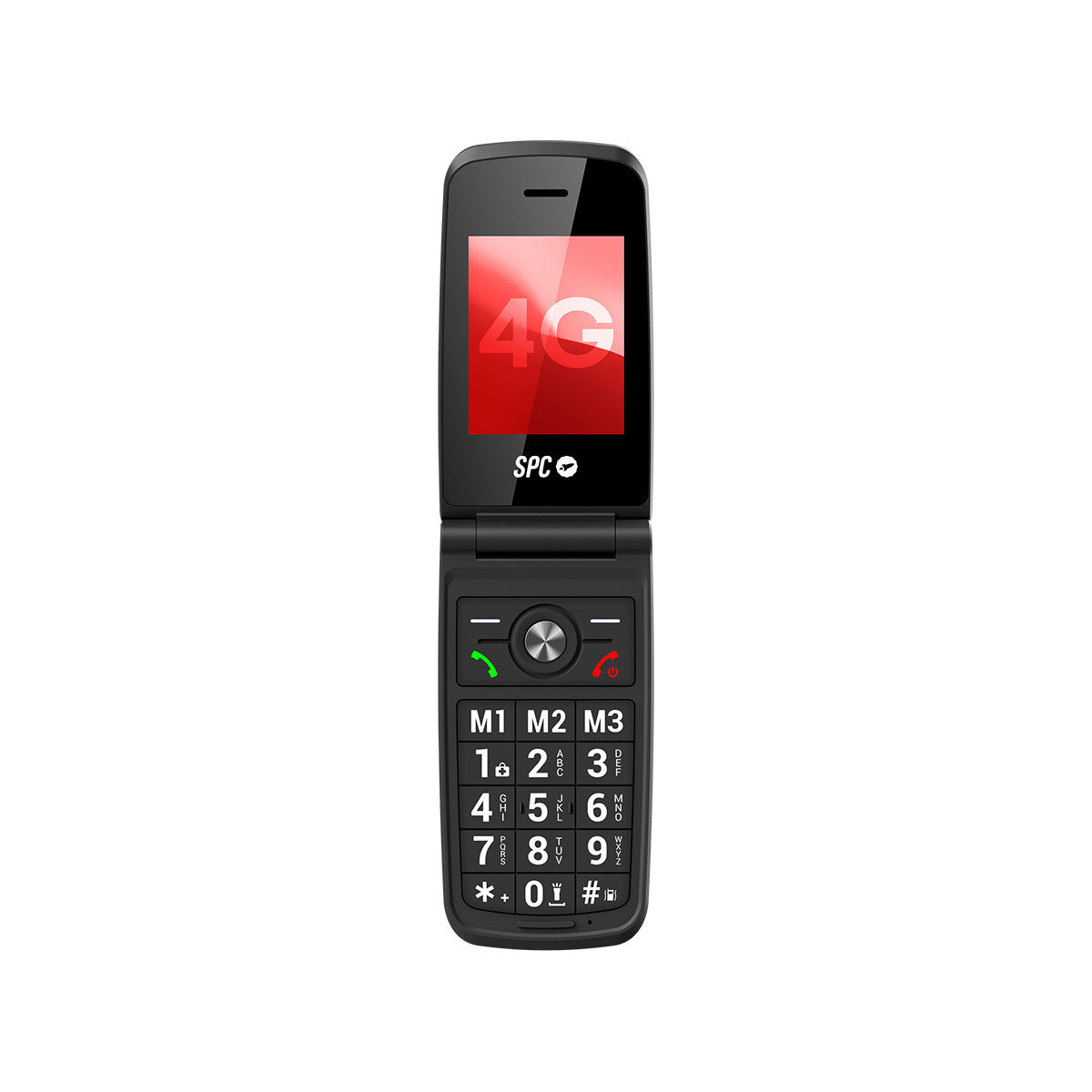 Ein schwarzes Klapphandy ist geöffnet und zeigt ein rotes 4G-Signal an. Die Tastatur ist mit großen Zahlen sichtbar. Weißer Hintergrund.