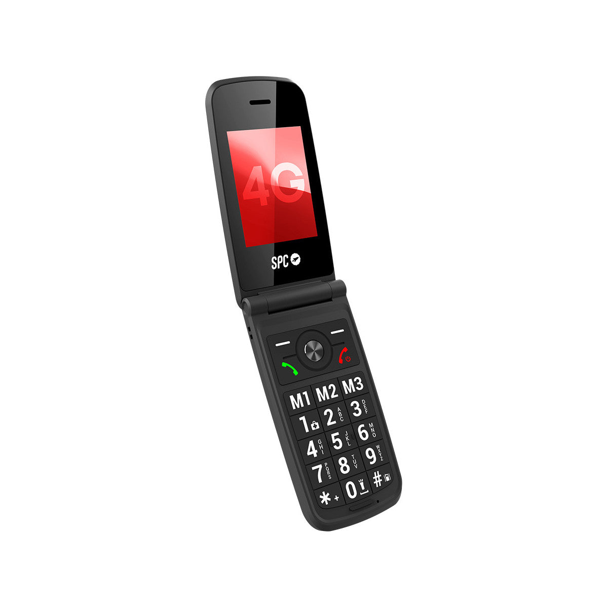 Ein schwarzes Klapphandy ist geöffnet und zeigt einen roten Bildschirm mit 4G. Die Tastatur ist sichtbar. Es hat das SPC-Logo.