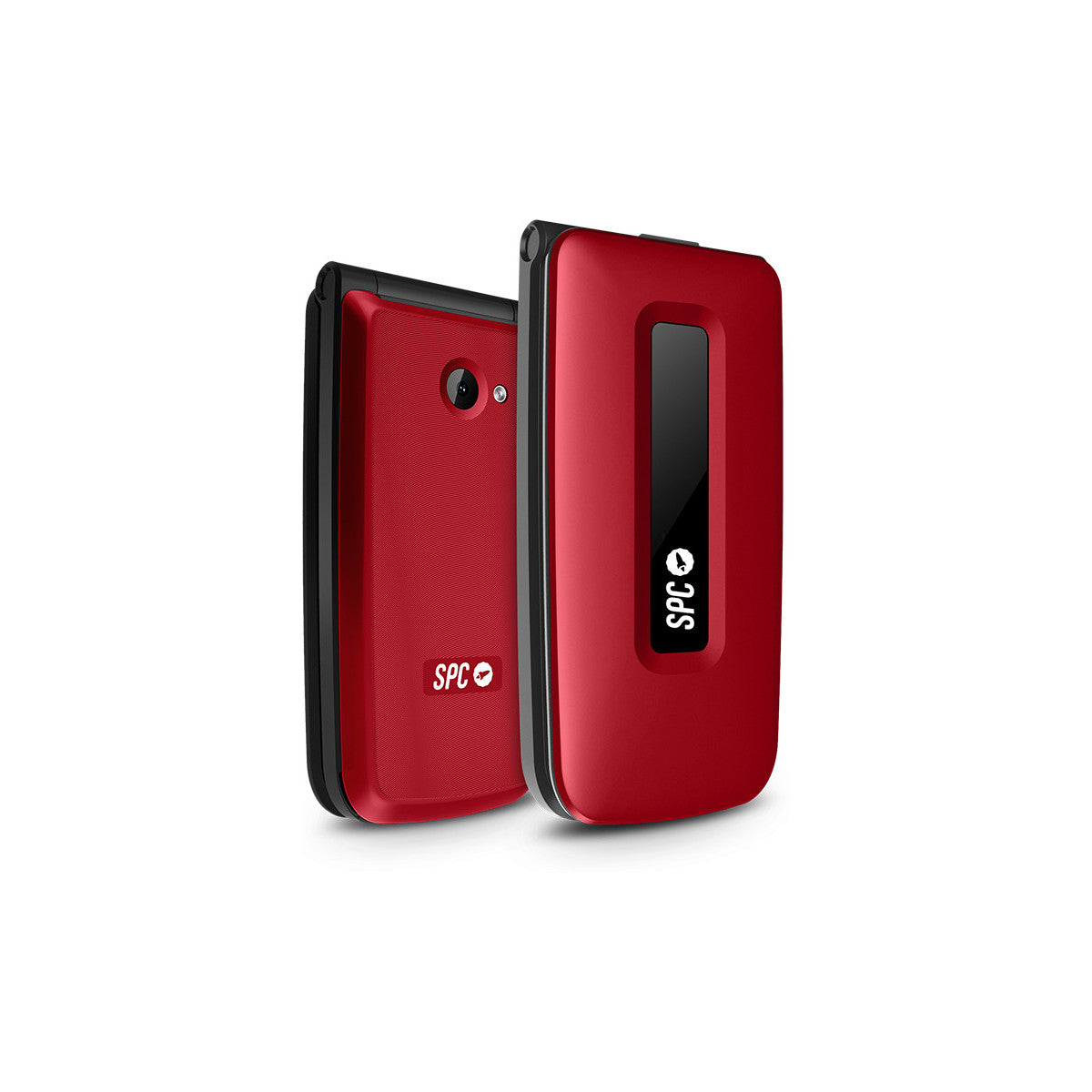 Zwei rote SPC-Klapphandys. Eines offen, mit Kamera und Lautsprecher, das andere geschlossen mit SPC-Logo.