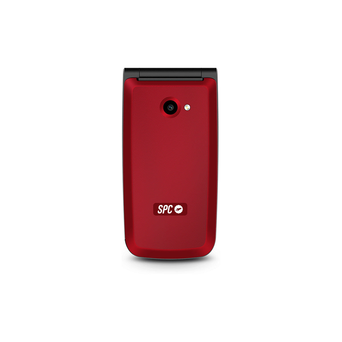 Ein rotes Klapphandy mit Kamera und SPC-Logo vor weißem Hintergrund.