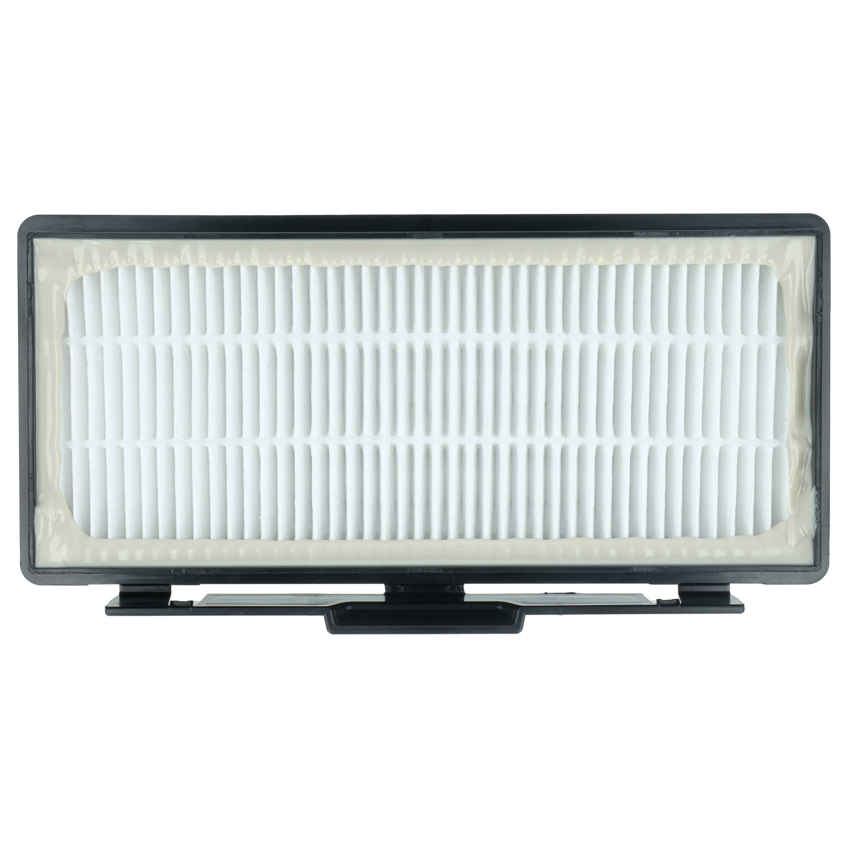 Ein rechteckiger Luftfilter mit einem weißen, plissierten Innenraum und einem schwarzen Kunststoffrahmen. Der Filter hat eine dunkle Basis.