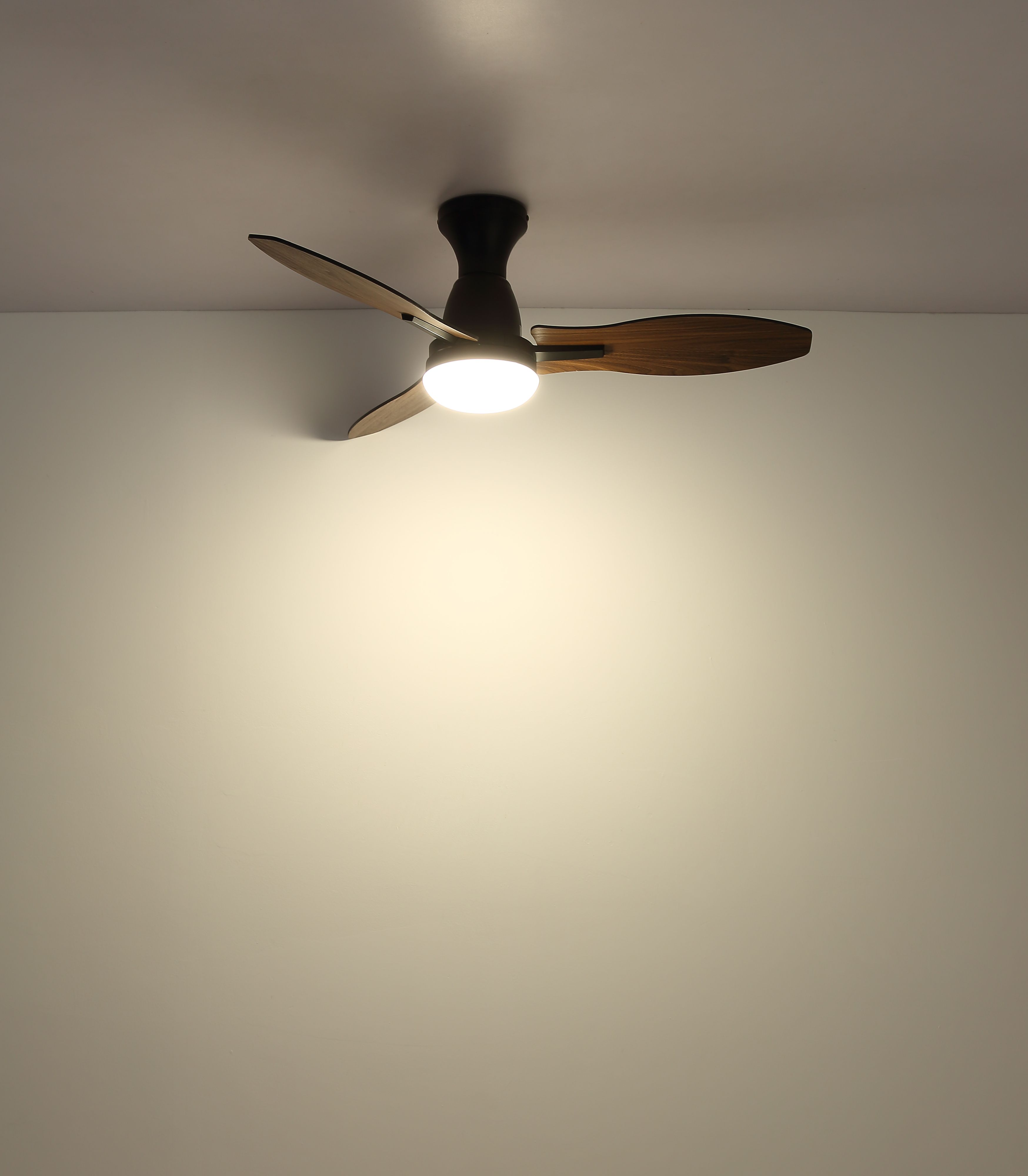 Ein Deckenventilator mit Holzflügeln ist zentriert. Er wird von einem hellen Licht beleuchtet. Die Decke ist weiß.