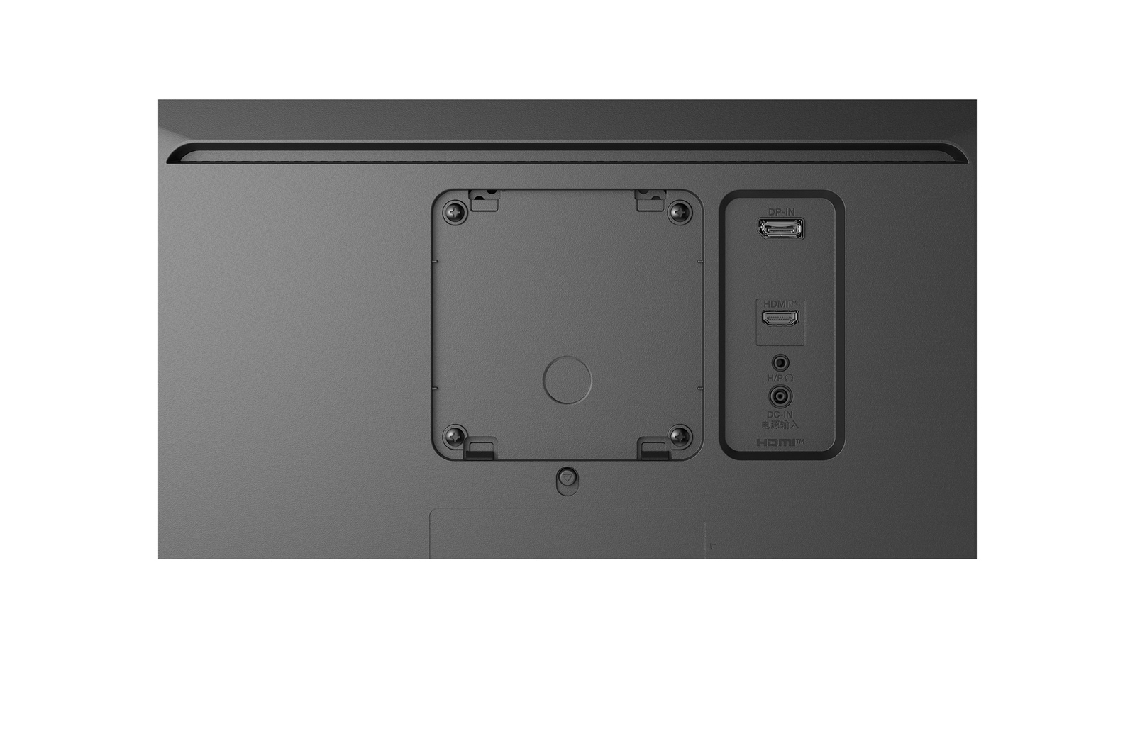 Die Rückseite eines grauen Computermonitors. Es hat mehrere Anschlüsse, darunter DP-IN, HDMI, DC-IN und einen Kopfhöreranschluss.