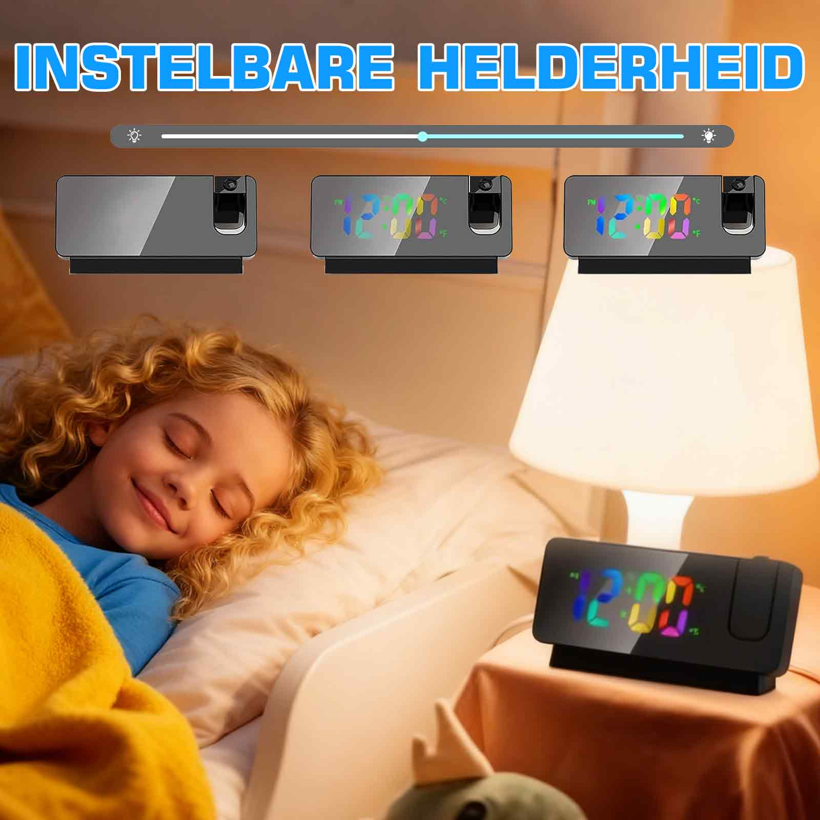 Ein Kind schläft in der Nähe einer Lampe und einer Uhr. Die Uhr zeigt die Zeit an und hat Helligkeitseinstellungen.