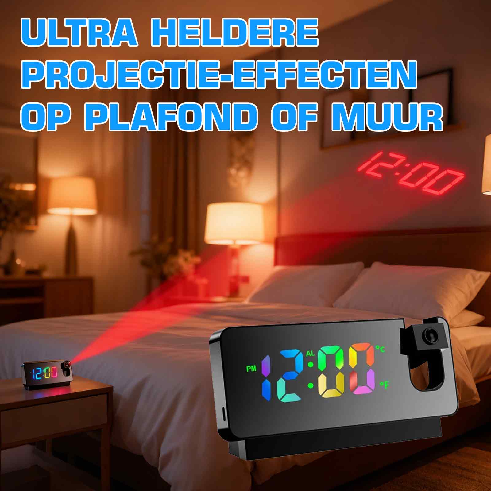 Schlafzimmer mit digitaler Uhr, die Zeit projiziert. Die Zeit wird auch auf der Uhr selbst angezeigt.