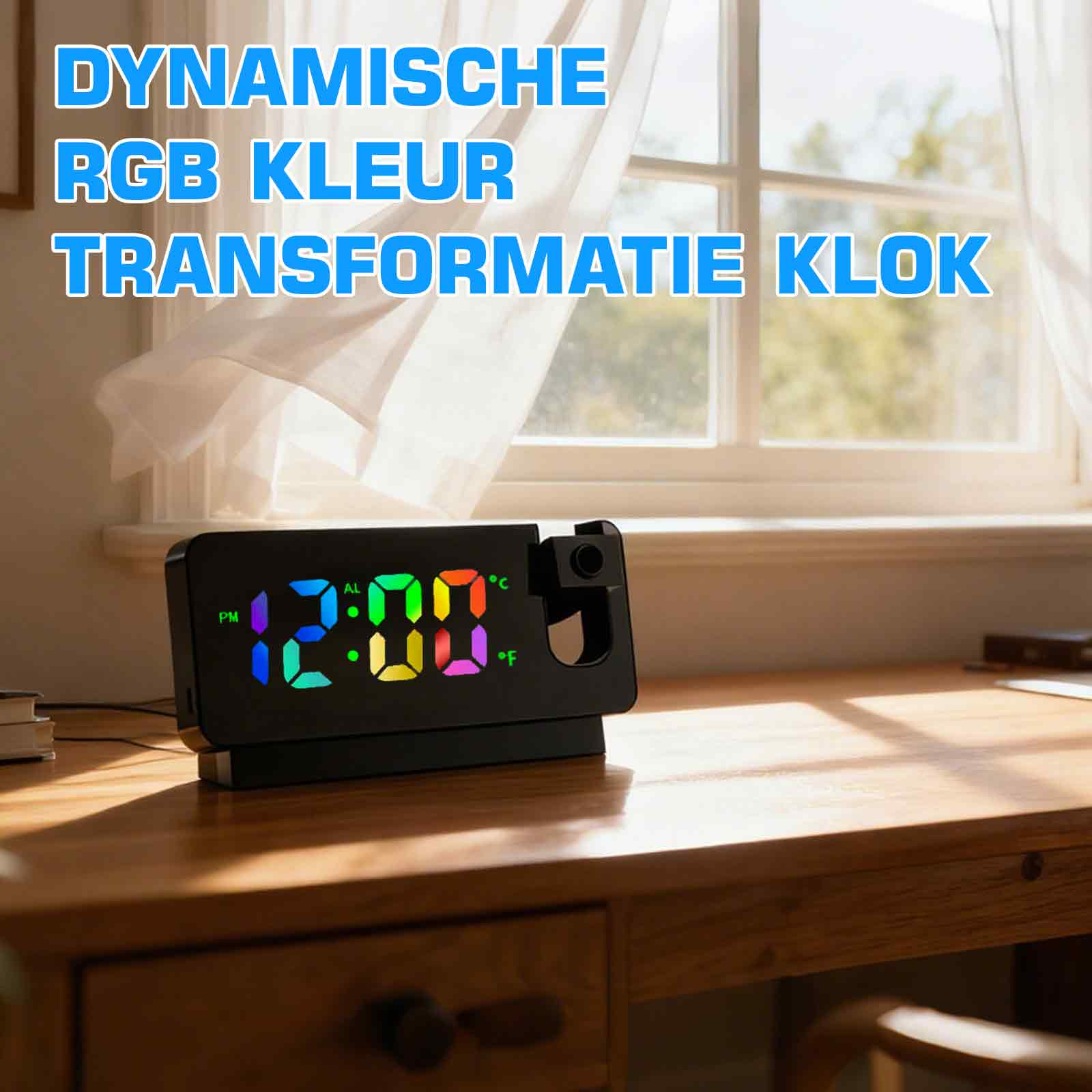 Eine Digitaluhr zeigt 12:00 mit bunten Ziffern an. Sie steht auf einem Holzschreibtisch in der Nähe eines Fensters.