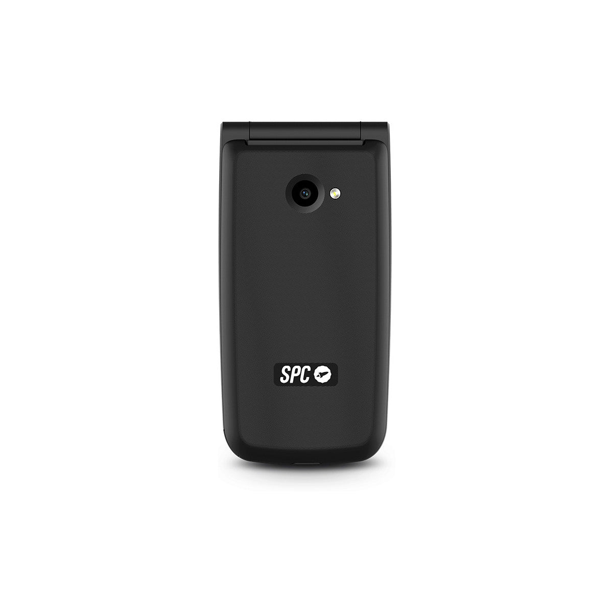 Ein schwarzes Klapphandy ist zentriert, mit Kamera und Blitz. Das Telefon hat das 'SPC'-Logo. Der Hintergrund ist schlicht weiß.
