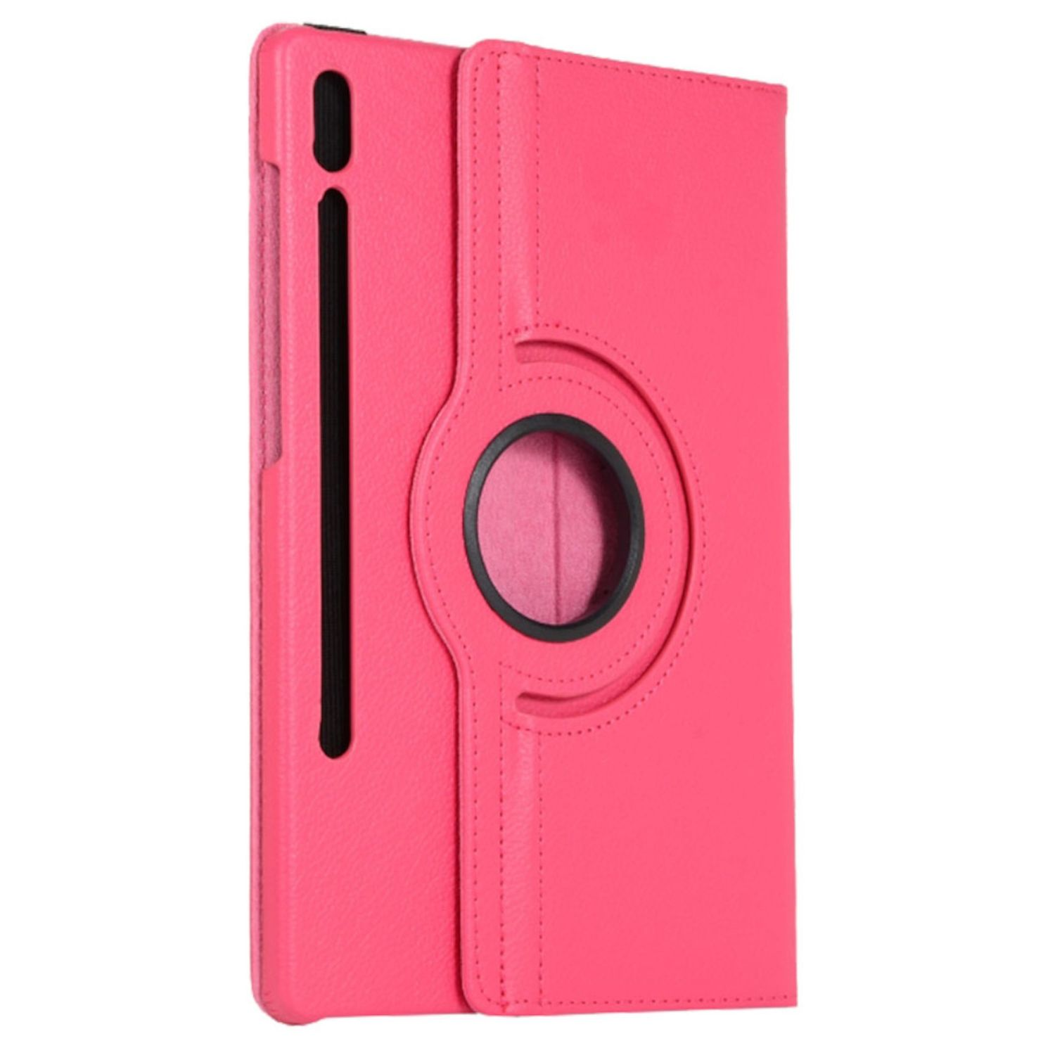 Eine rosa Tablethülle. Sie hat einen schwarzen Ring und einen schwarzen Streifen für einen Stift. Die Hülle ist geschlossen.