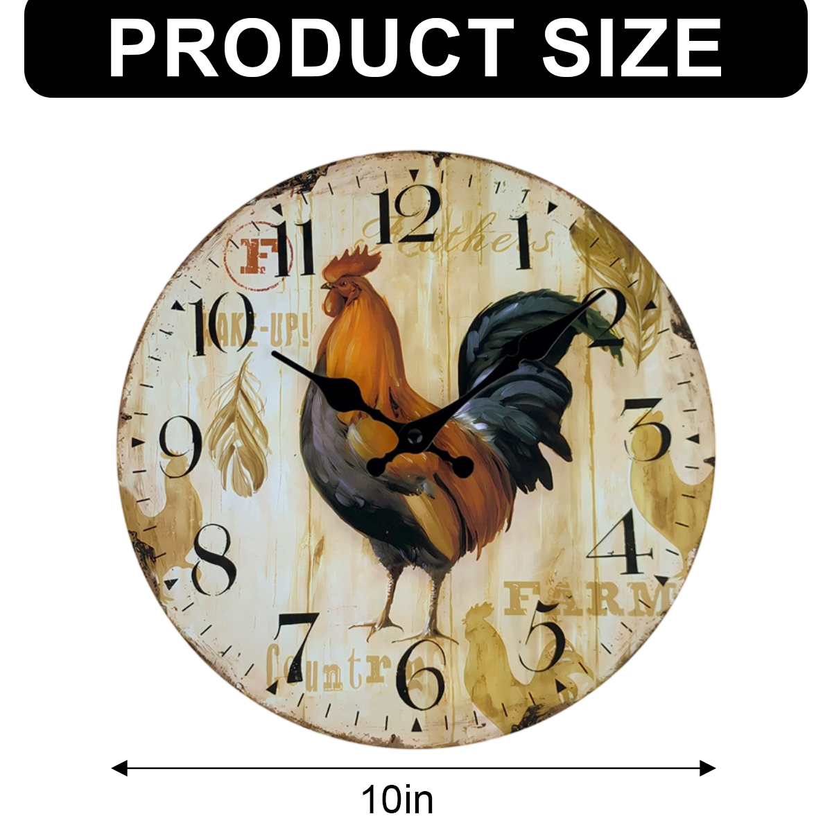 Eine runde Uhr mit Hahnbild. Die Zeiger zeigen die Zeit. Größe ist 10 Zoll. Zahlen und 'Farm' sind sichtbar.