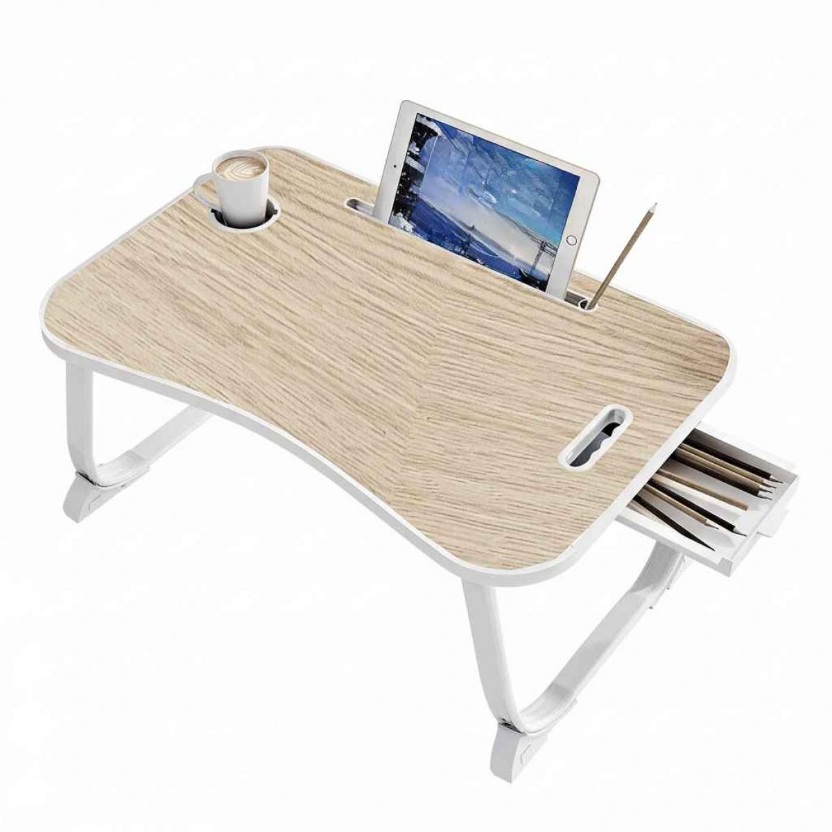 Ein leichter Laptop-Schreibtisch aus Holz mit weißen Beinen. Er hat einen Getränkehalter, einen Tablettenschlitz, einen Bleistiftschlitz und eine kleine Schublade.