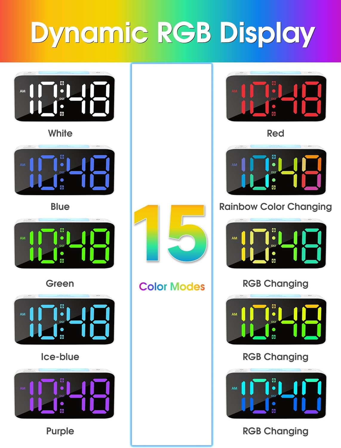 Das Bild zeigt eine Digitaluhr mit verschiedenen Farboptionen. Es zeigt die Uhrzeit 10:48 in Weiß, Rot, Blau, Grün und anderen Farben.