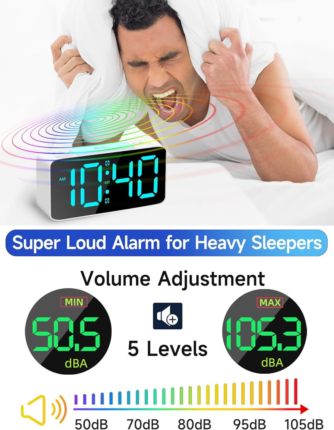 Mann im Bett mit Wecker, Kissen über dem Kopf. Uhr zeigt 10:40 an. Einstellungen für lauten Alarm werden unten angezeigt.