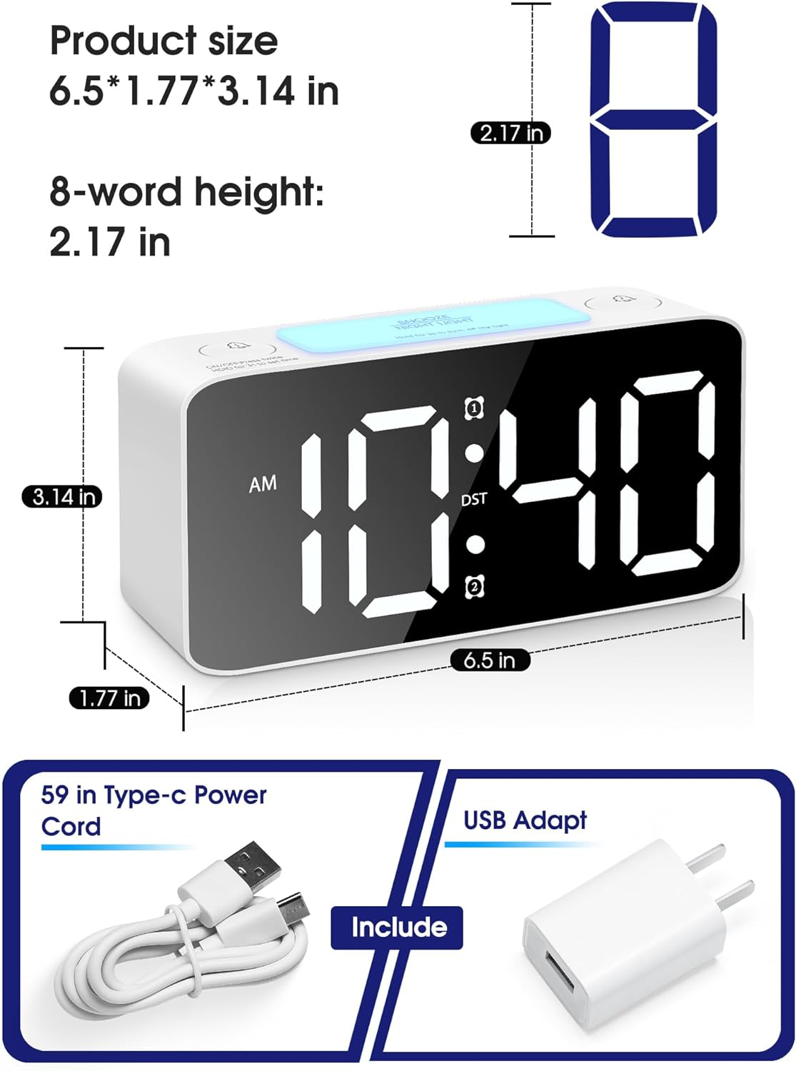 Ein weißer digitaler Wecker zeigt 10:40 Uhr an. Er beinhaltet einen USB-Adapter und ein Typ-C-Netzkabel. Abmessungen sind angegeben.