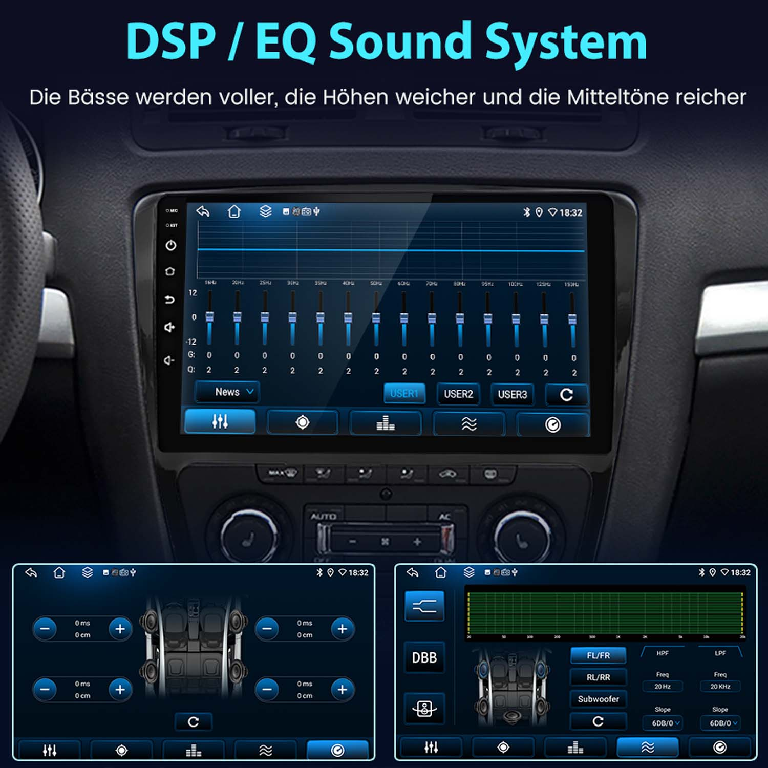 System audio w samochodzie z ustawieniami EQ na ekranie. Pokazuje regulacje częstotliwości i konfiguracje głośników.