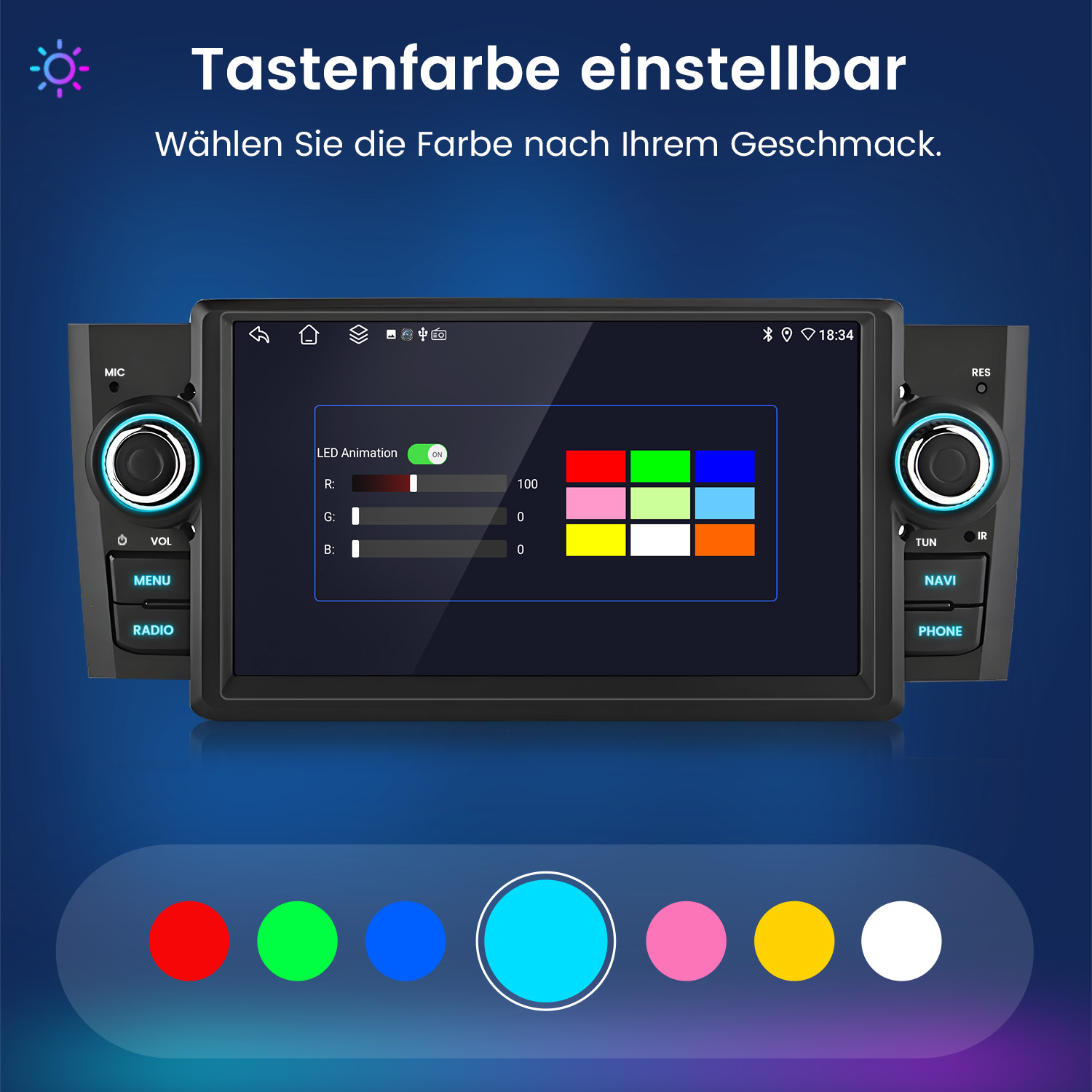 Autoradio mit Farbauswahl. Text lautet 'Tastenfarbe einstellbar'. Farben sind Rot, Grün, Blau und andere. Tasten sind sichtbar.
